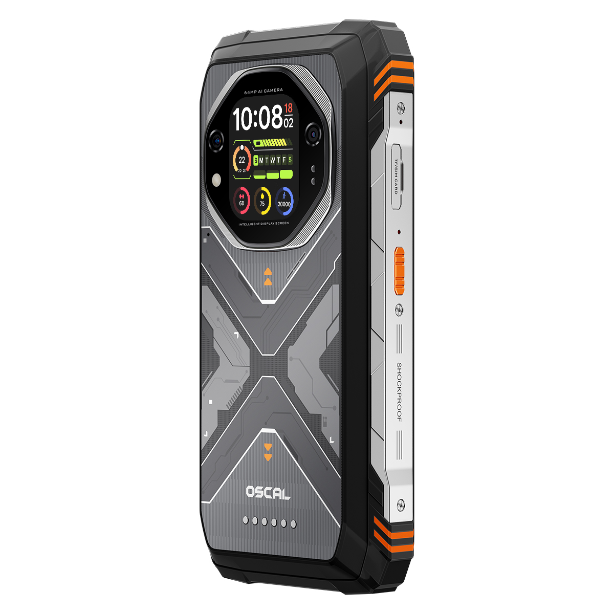 Un robusto smartphone Oscal nero e argento con finiture arancioni, mostra ora e statistiche.