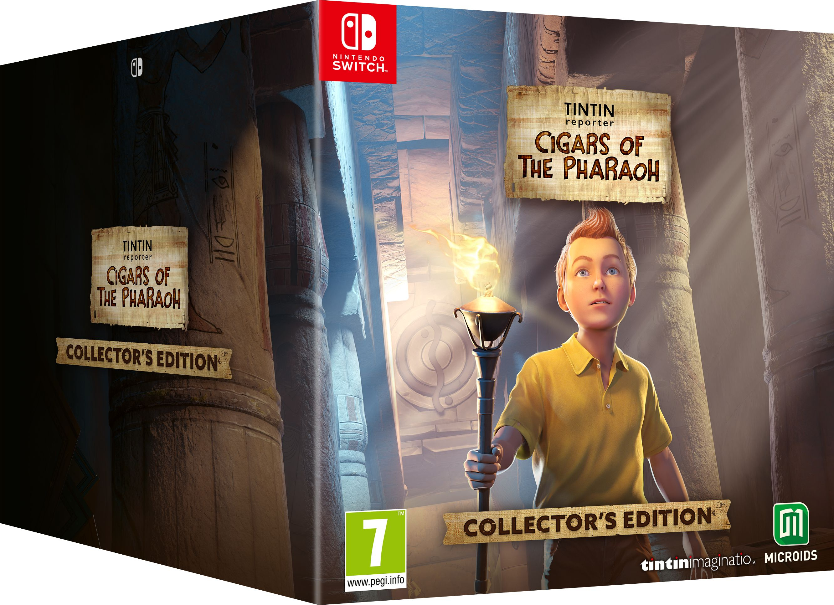 Tintin tiene una torcia in una tomba egizia. "Cigars of the Pharaoh Collector's Edition".