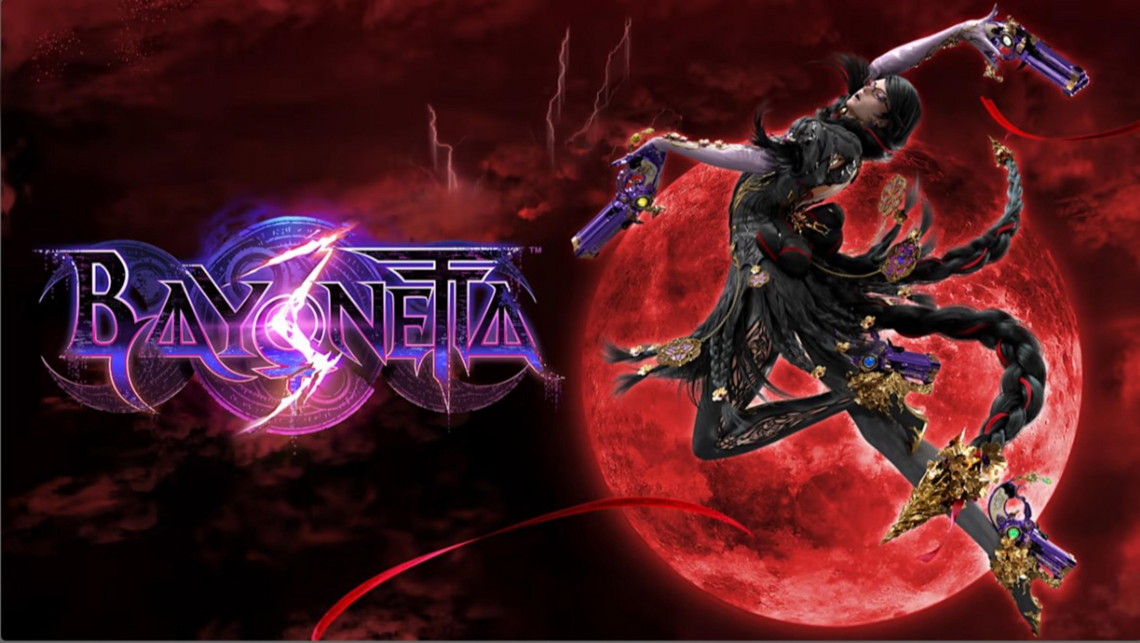 Logo Bayonetta con donna in nero, impugna pistole, su sfondo luna rossa.