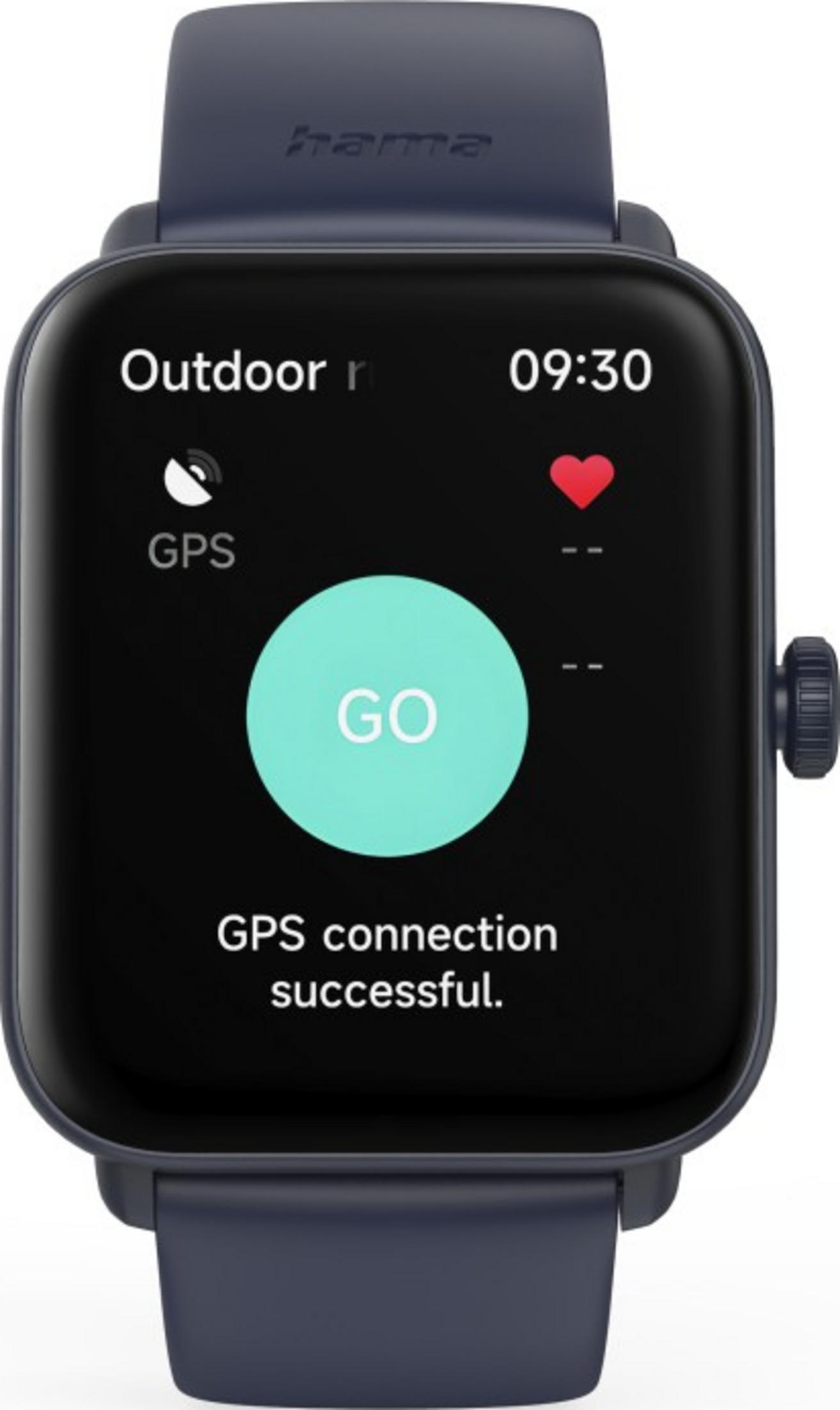 Uno smartwatch mostra le 09:30, GPS e un pulsante GO.