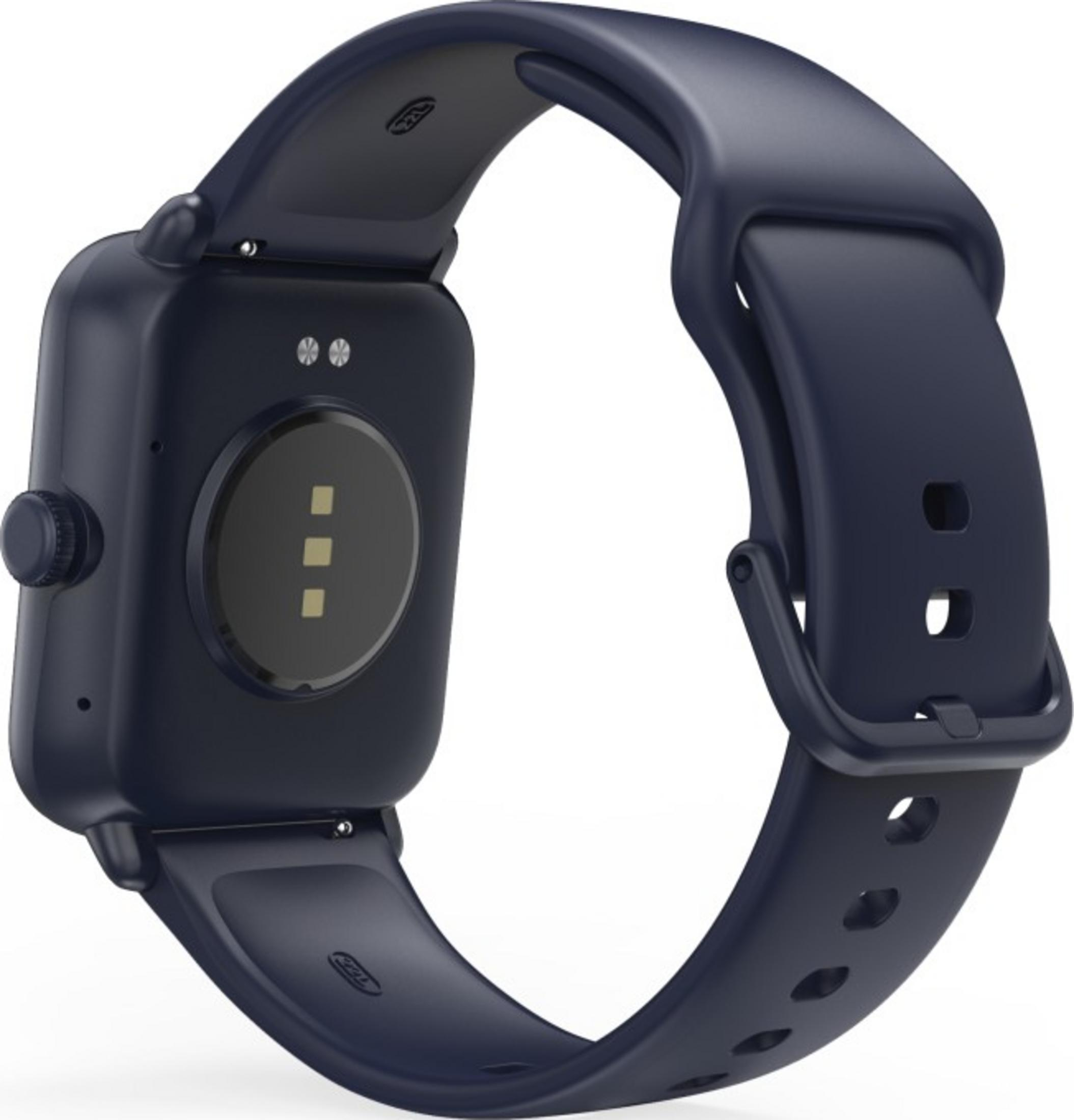 Smartwatch blu scuro con sensore di frequenza cardiaca e corona laterale.