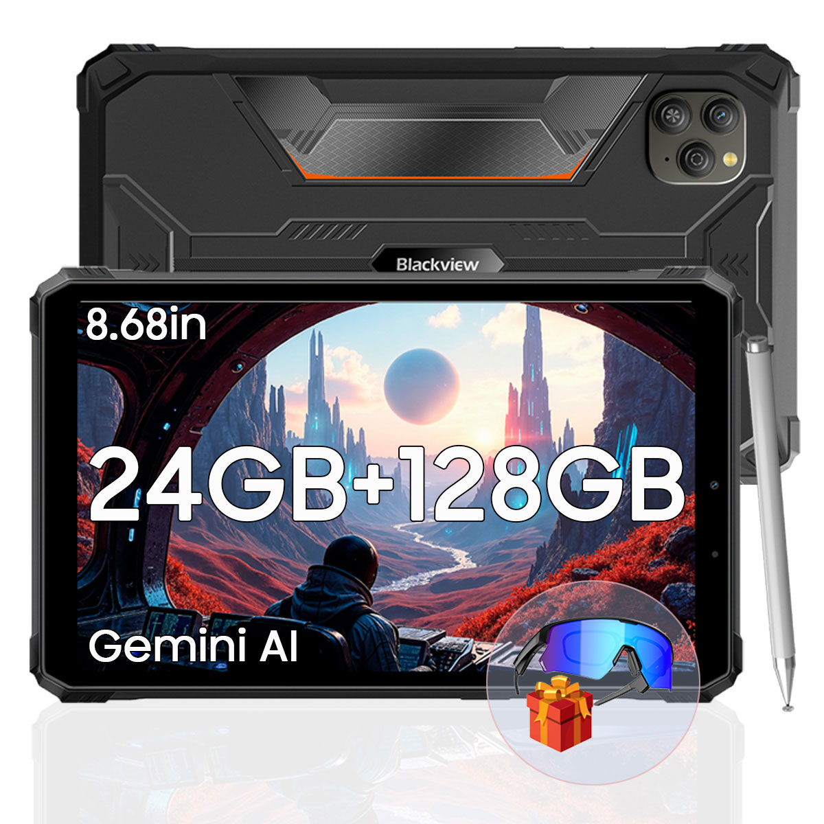 Een zwarte tablet met stylus, die een futuristisch landschap toont.