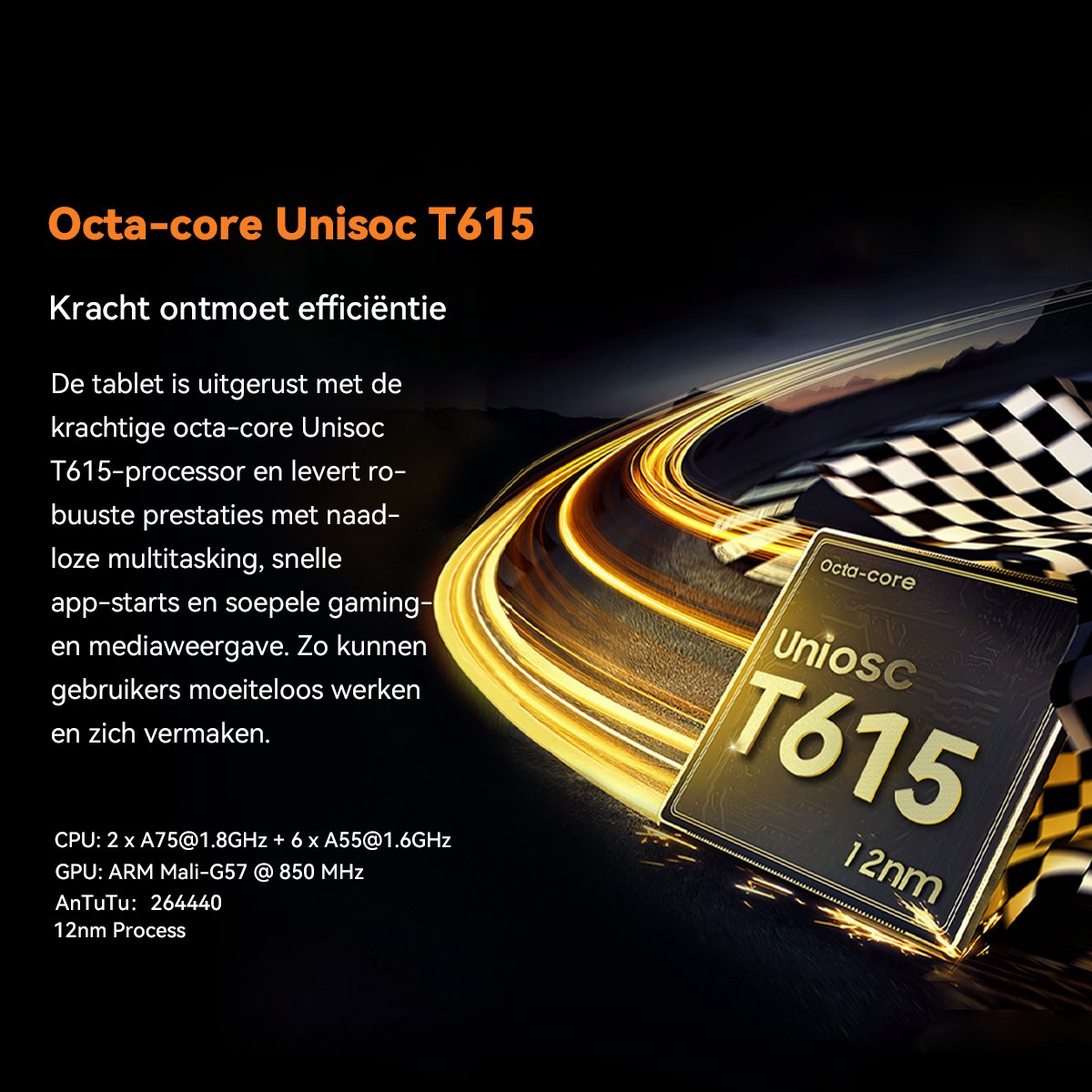 Octa-core Unisoc T615 chip met gele lichtsporen en geblokte vlag.