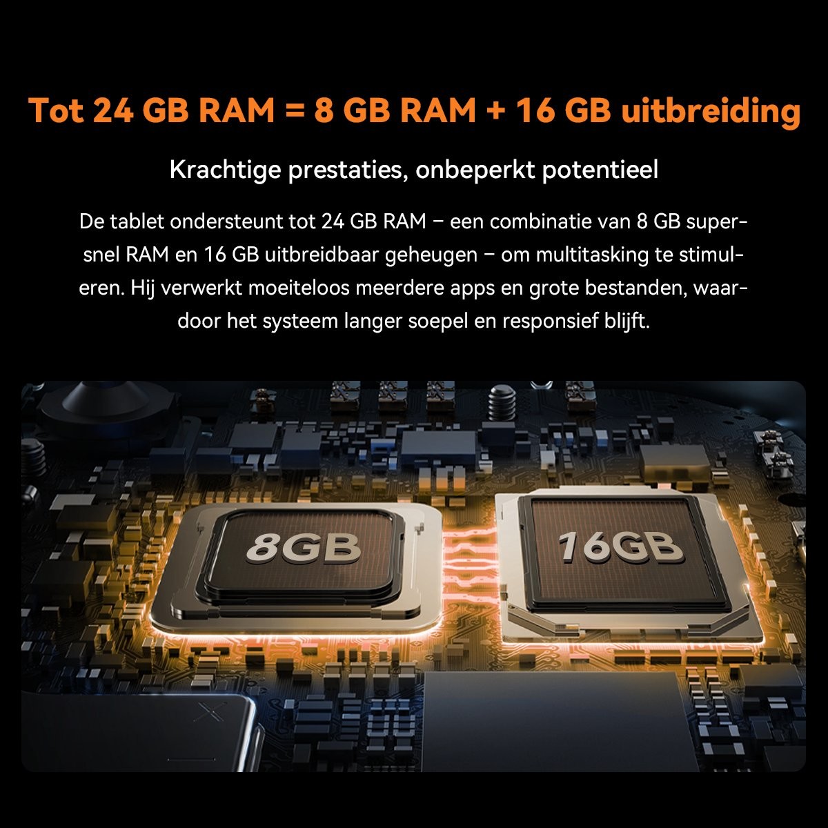 Close-up van computerchips met 8GB en 16GB, die RAM voorstellen.