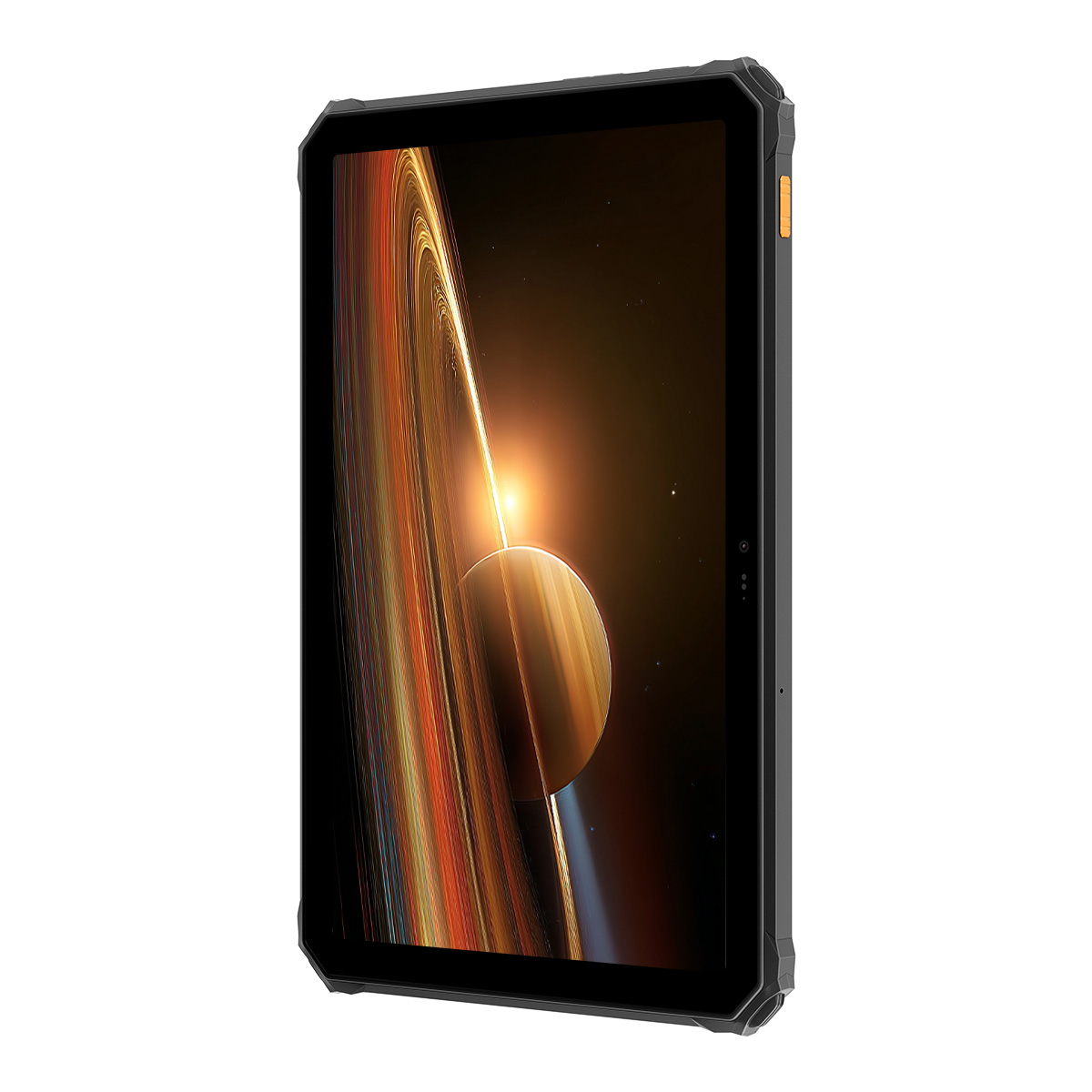 A dark tablet displaying a space background with a planet and rings.