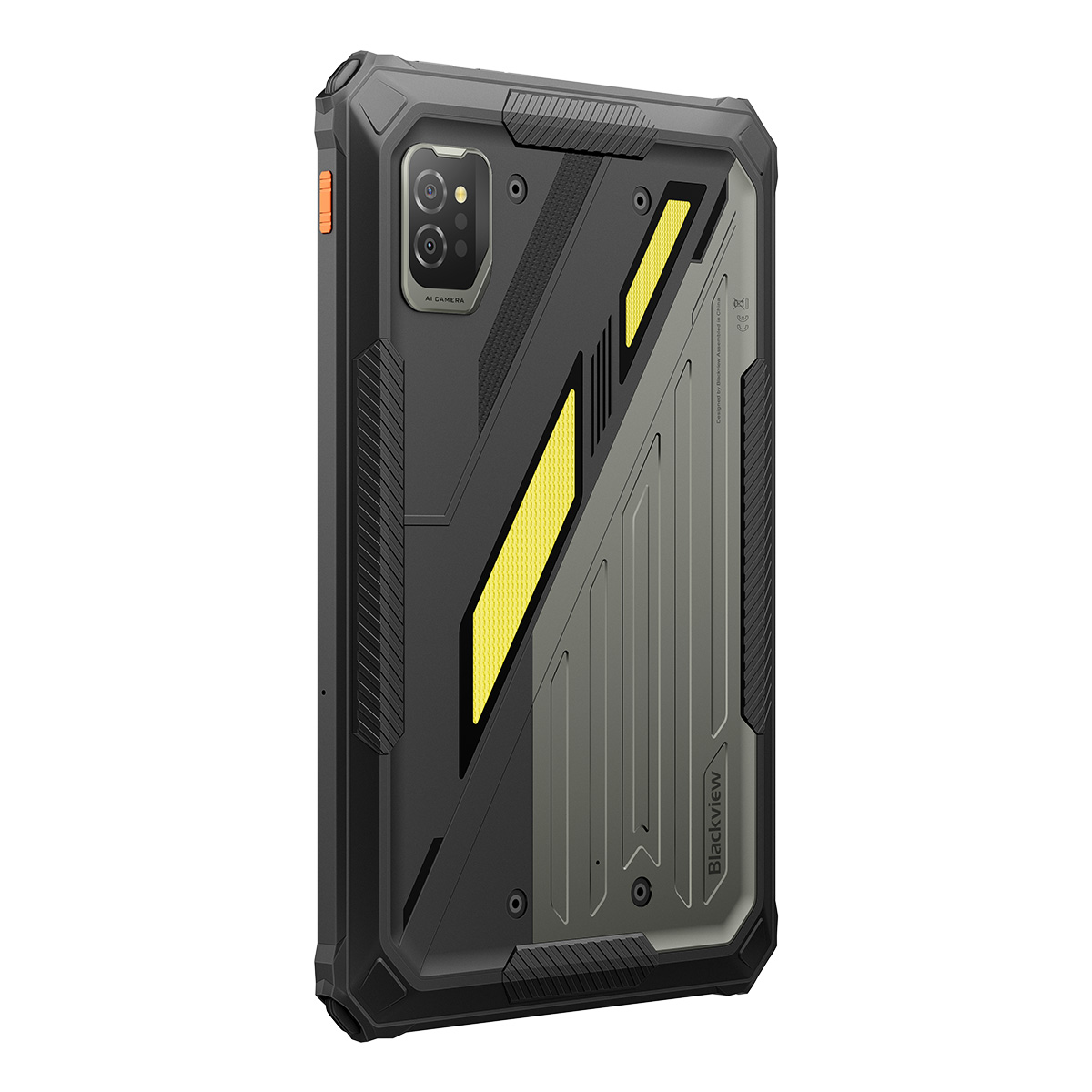 Back of a rugged black tablet with yellow accents and cameras.