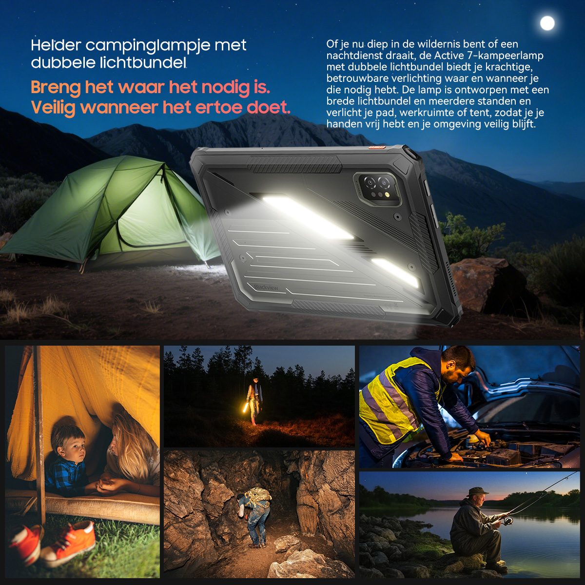 Rugged phone with dual lights illuminates tent, cave, mechanic, angler, and more.