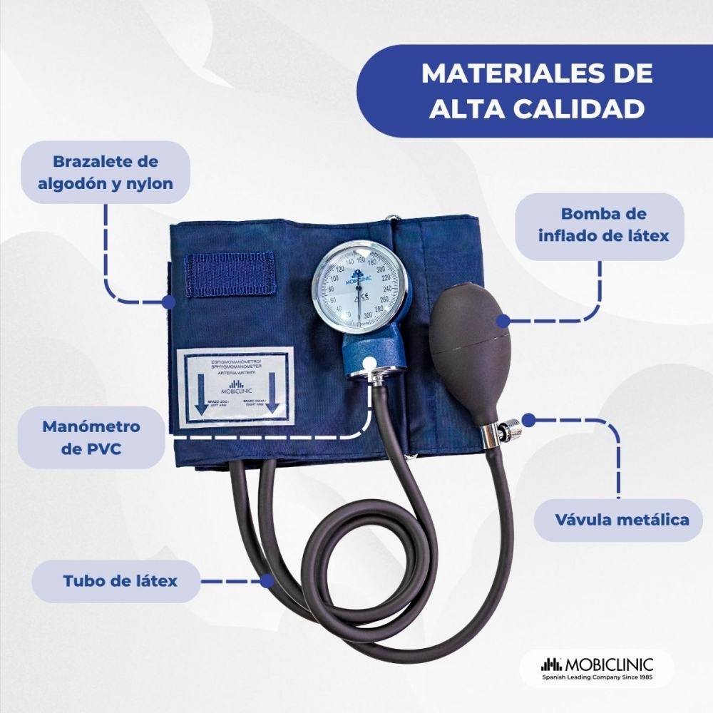 Tensiómetro con brazalete, manómetro, bomba y válvula. De algodón, nailon y látex.