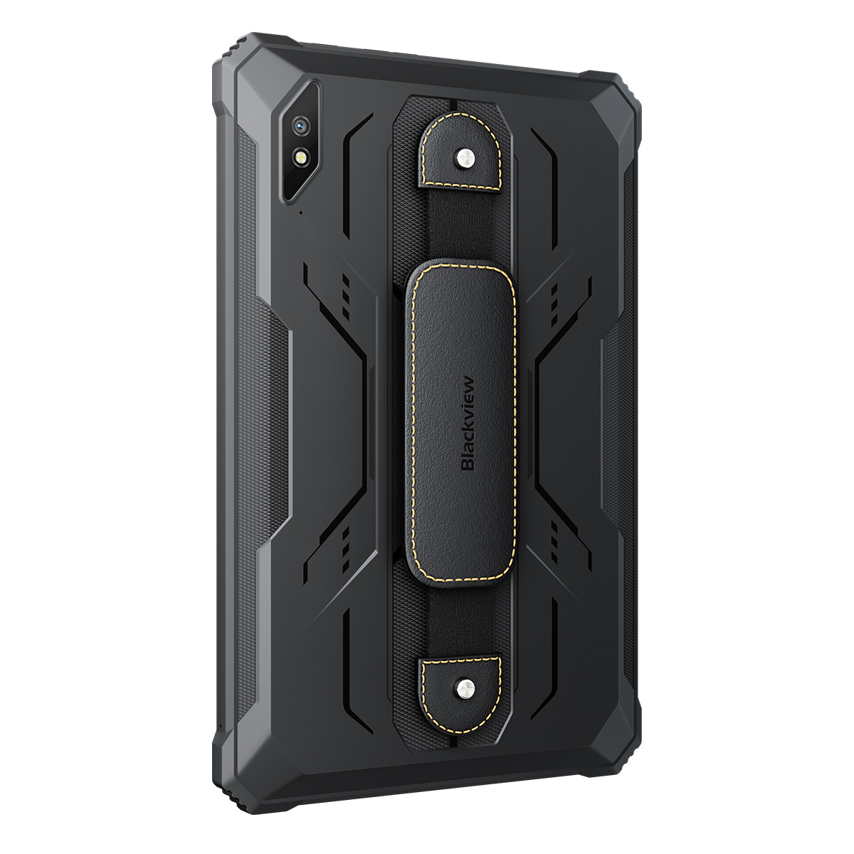 Zwarte, robuuste tablet met camera's en een zwarte leren handgreep met gele stiksels.