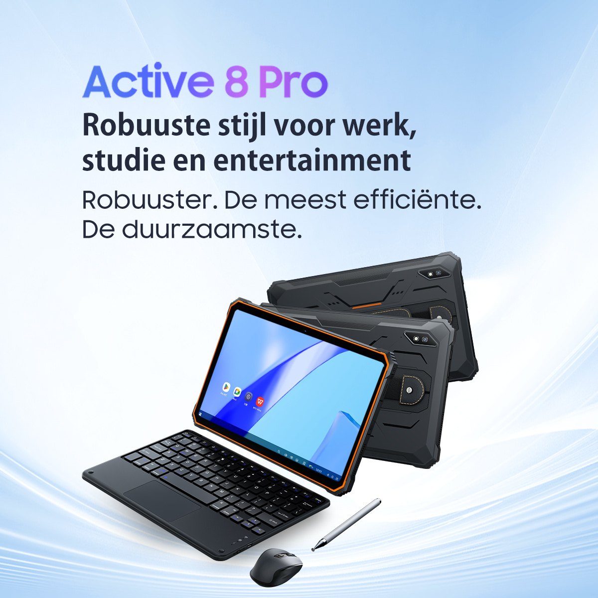 Een tablet met toetsenbord, pen en muis. De tablet heeft een oranje rand en een blauw scherm.