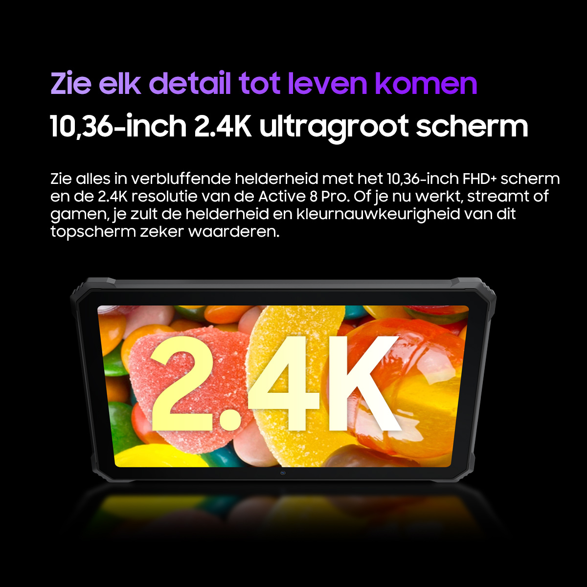 Tablet toont "2.4K" boven kleurrijke snoepjes. 10,36 inch.
