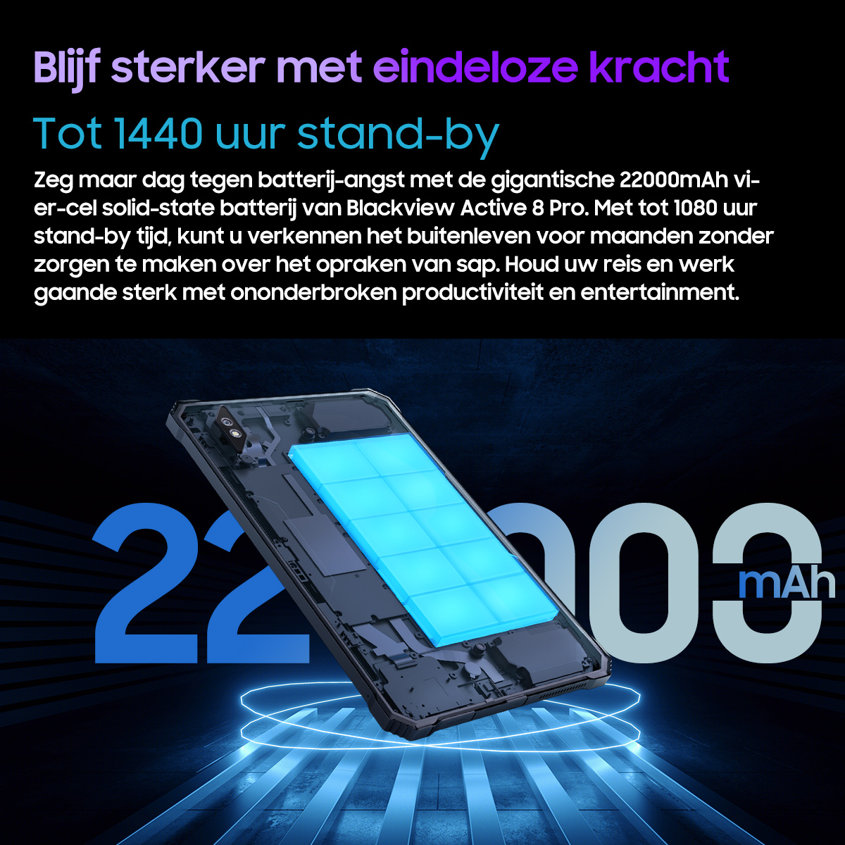 Een smartphone met 22000mAh batterij, blauw verlicht. Grote tekst 2200.