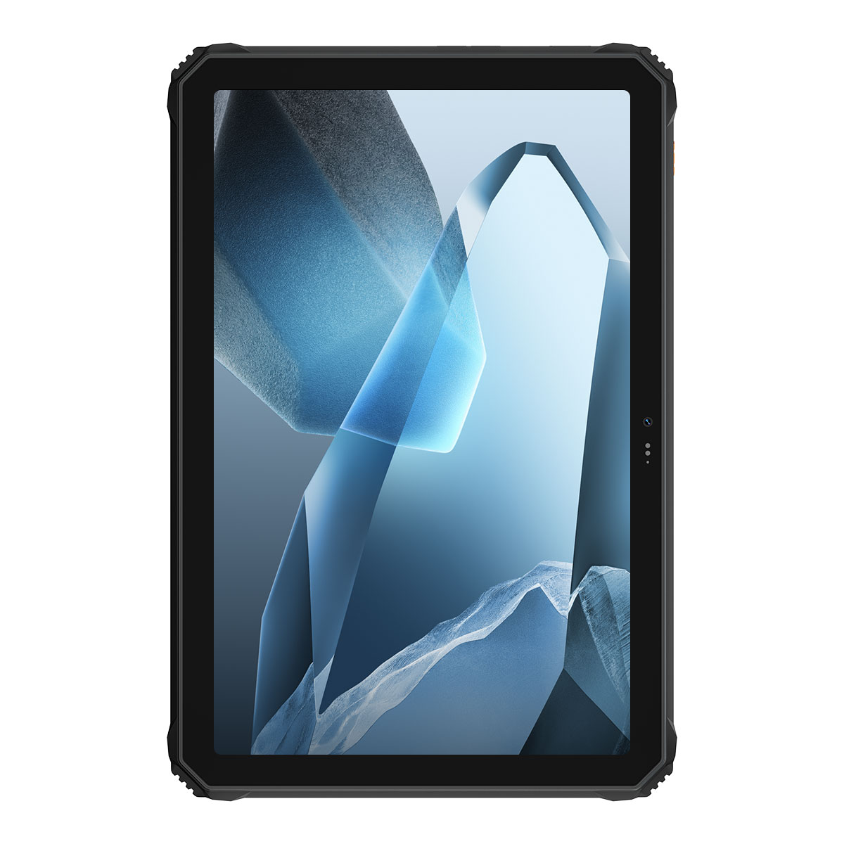 Een zwarte tablet met een abstracte blauwe achtergrond op het scherm.