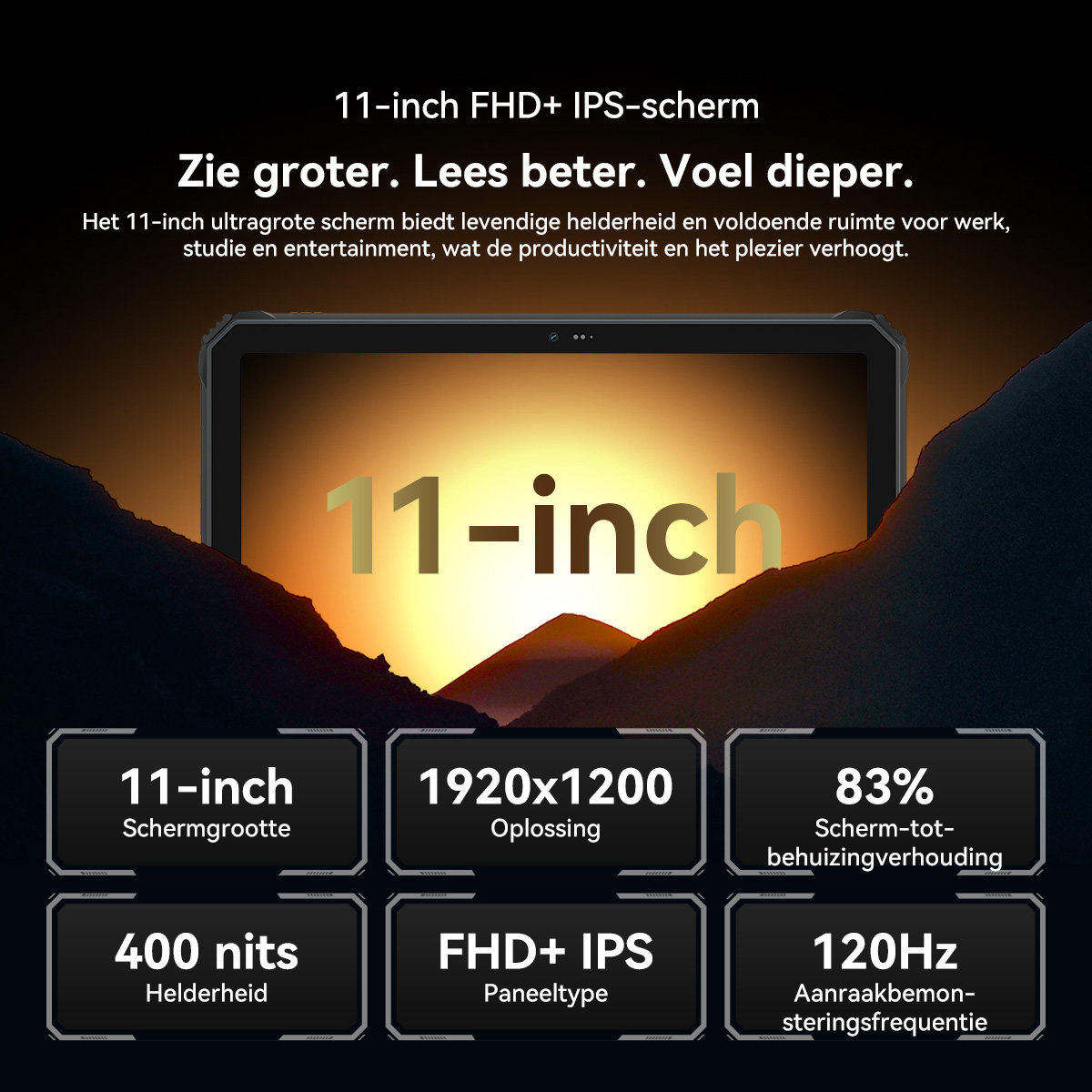 Een 11-inch tablet met FHD+ IPS-scherm, met specificaties zoals 400 nits, 1920x1200 resolutie.