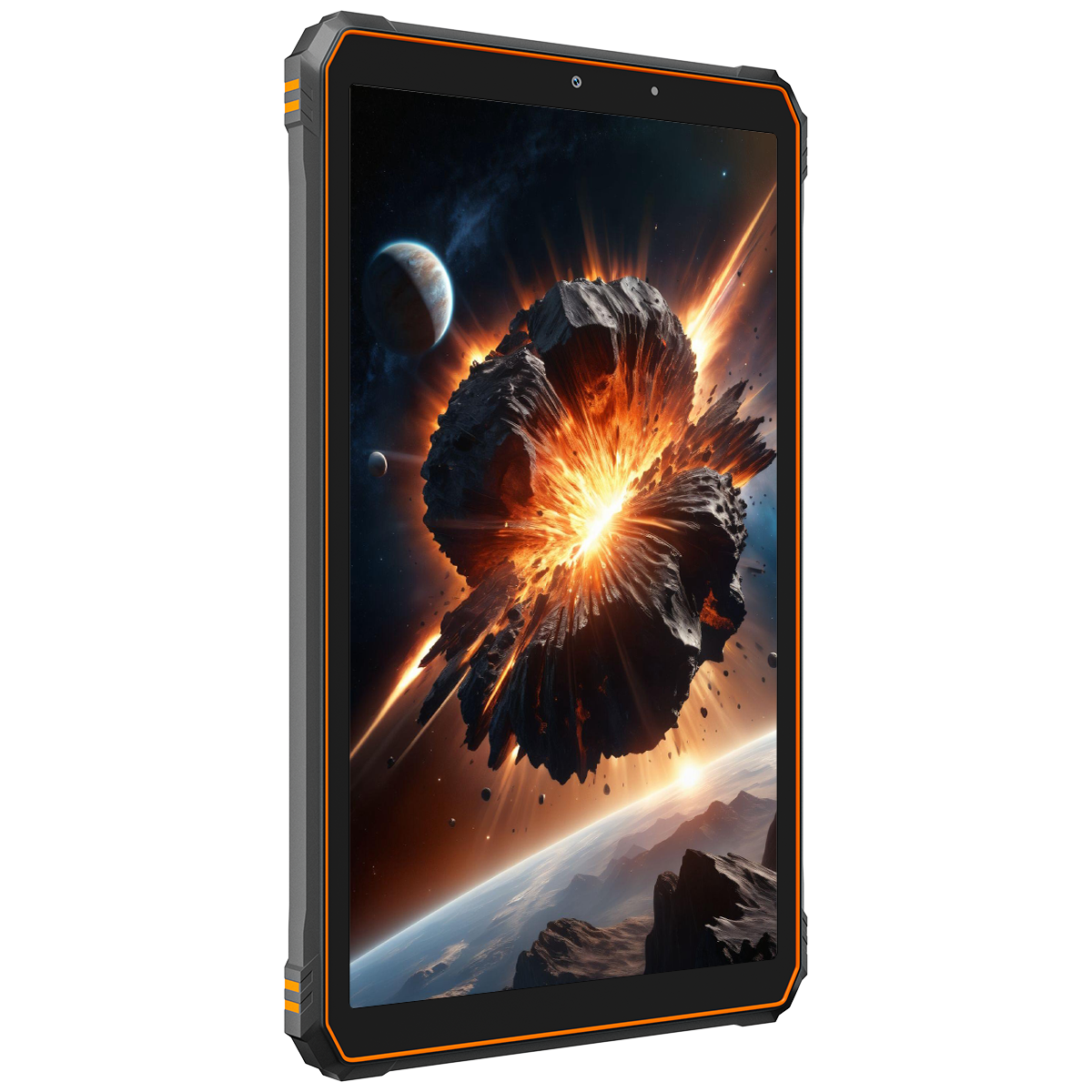 Tablet toont exploderende asteroïde in ruimte met planeten en Aarde.