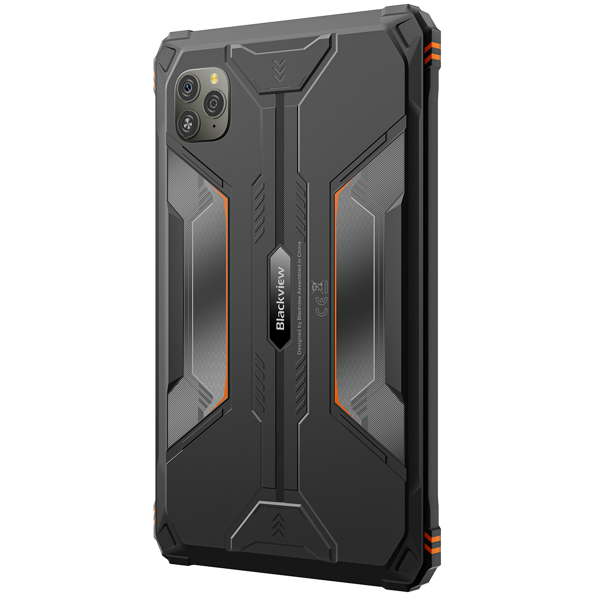 Zwarte robuuste telefoonhoes met oranje accenten. Camera lens zichtbaar.
