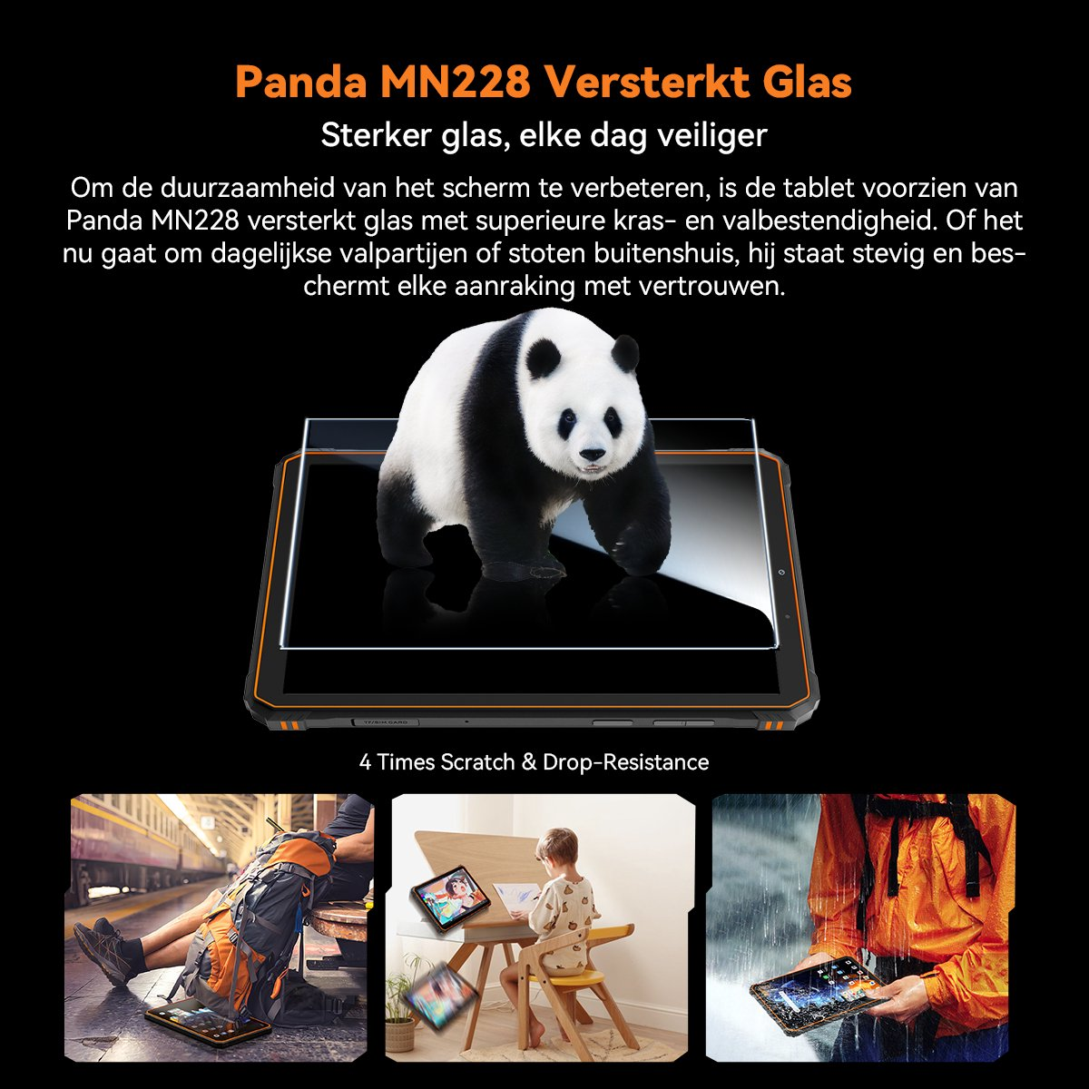 Panda glas met screenprotector, man op station, kind aan bureau, persoon in regen.