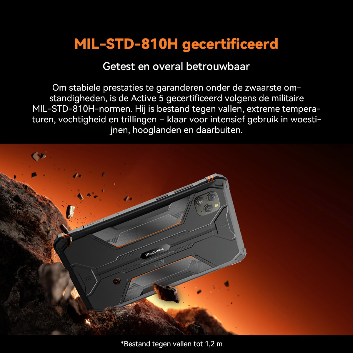 Robuuste Blackview smartphone met MIL-STD-810H certificering buiten.