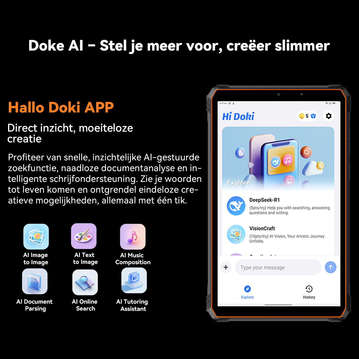 Een tablet toont de 'Hallo Doki' app met AI-functies zoals beeld-, tekst- en muziekgeneratie.