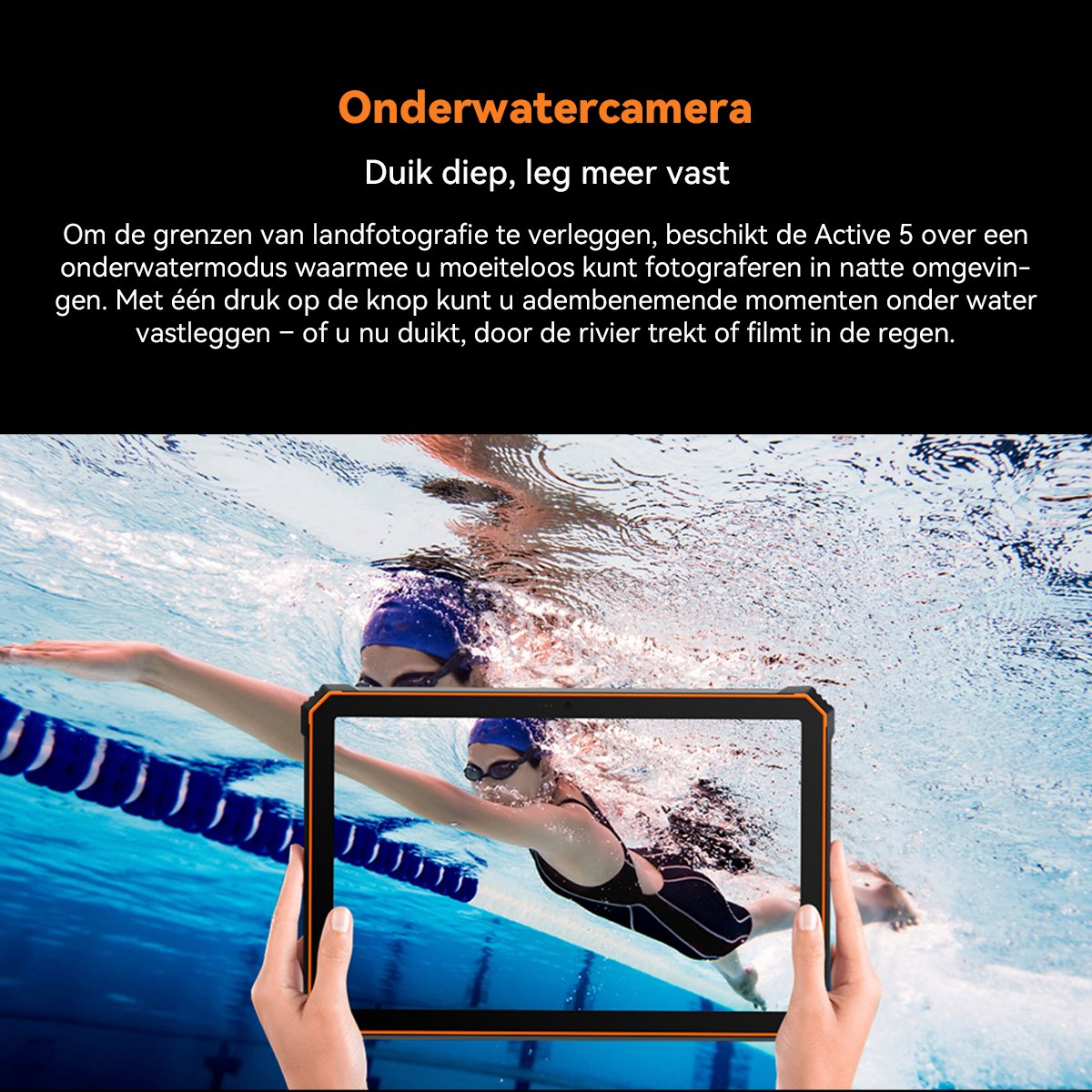 Handen houden een tablet met een zwemmer in een zwembad.