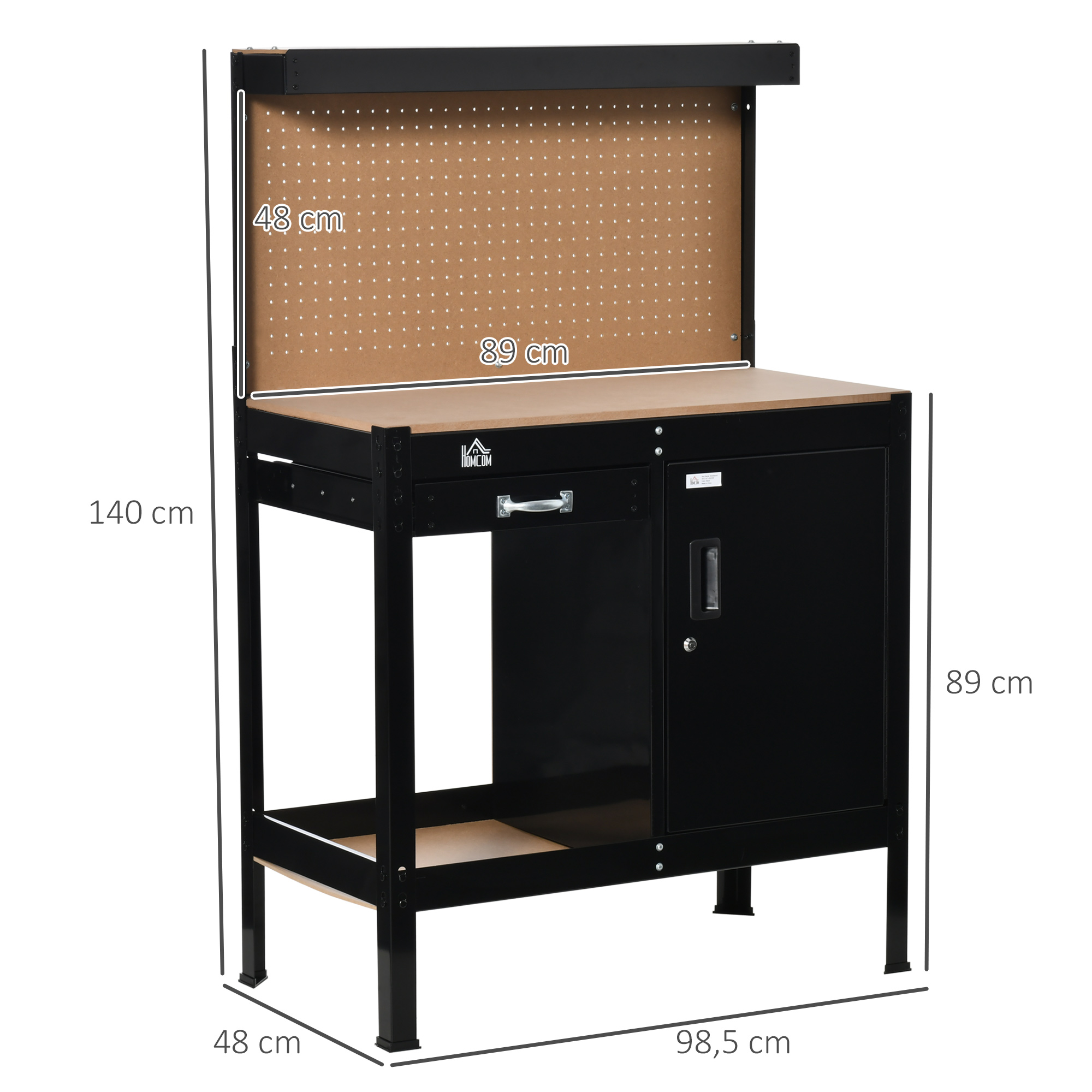 Banco de trabajo negro con panel perforado, cajón y armario. Dimensiones mostradas.