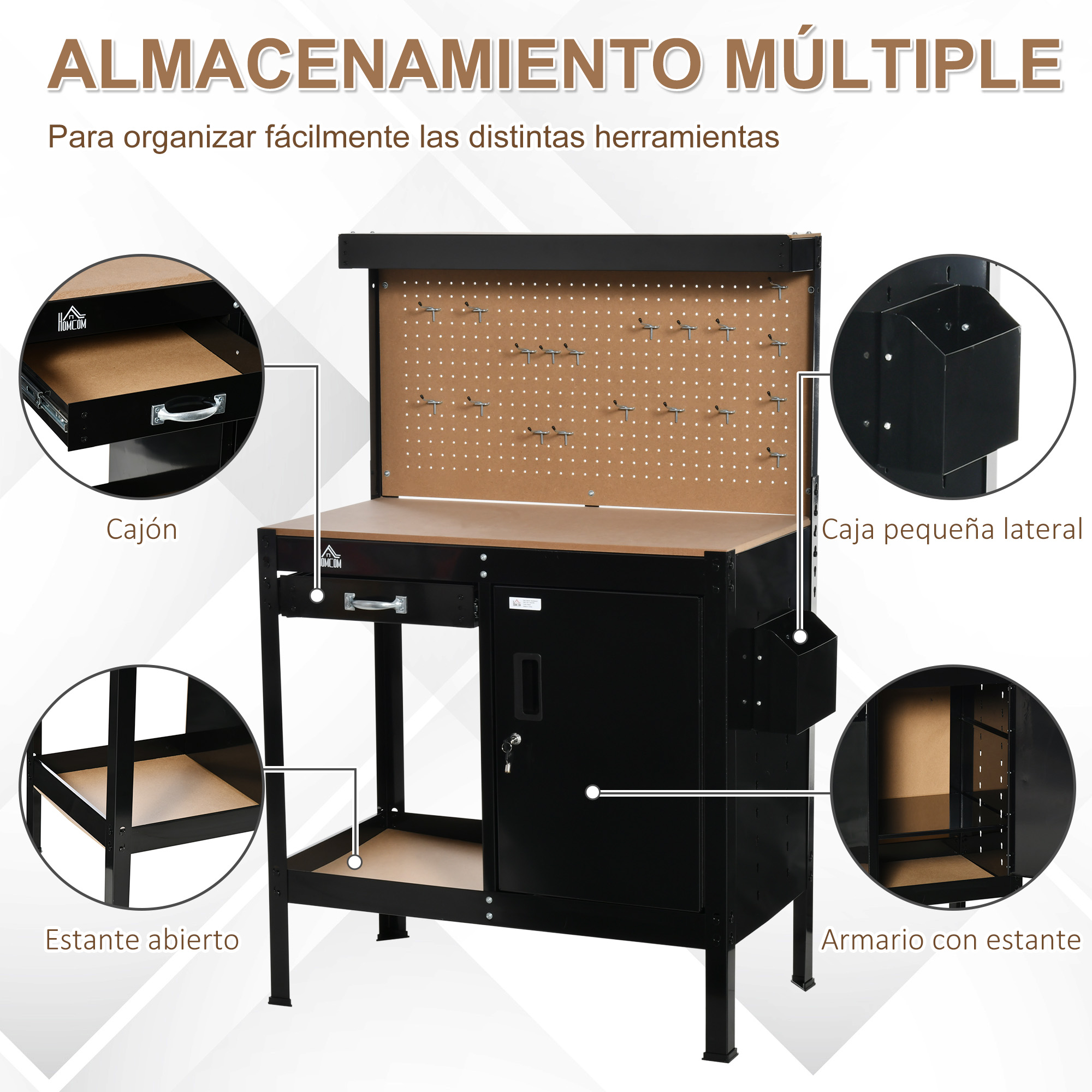 Armario negro de taller con cajón, panel perforado y estante.