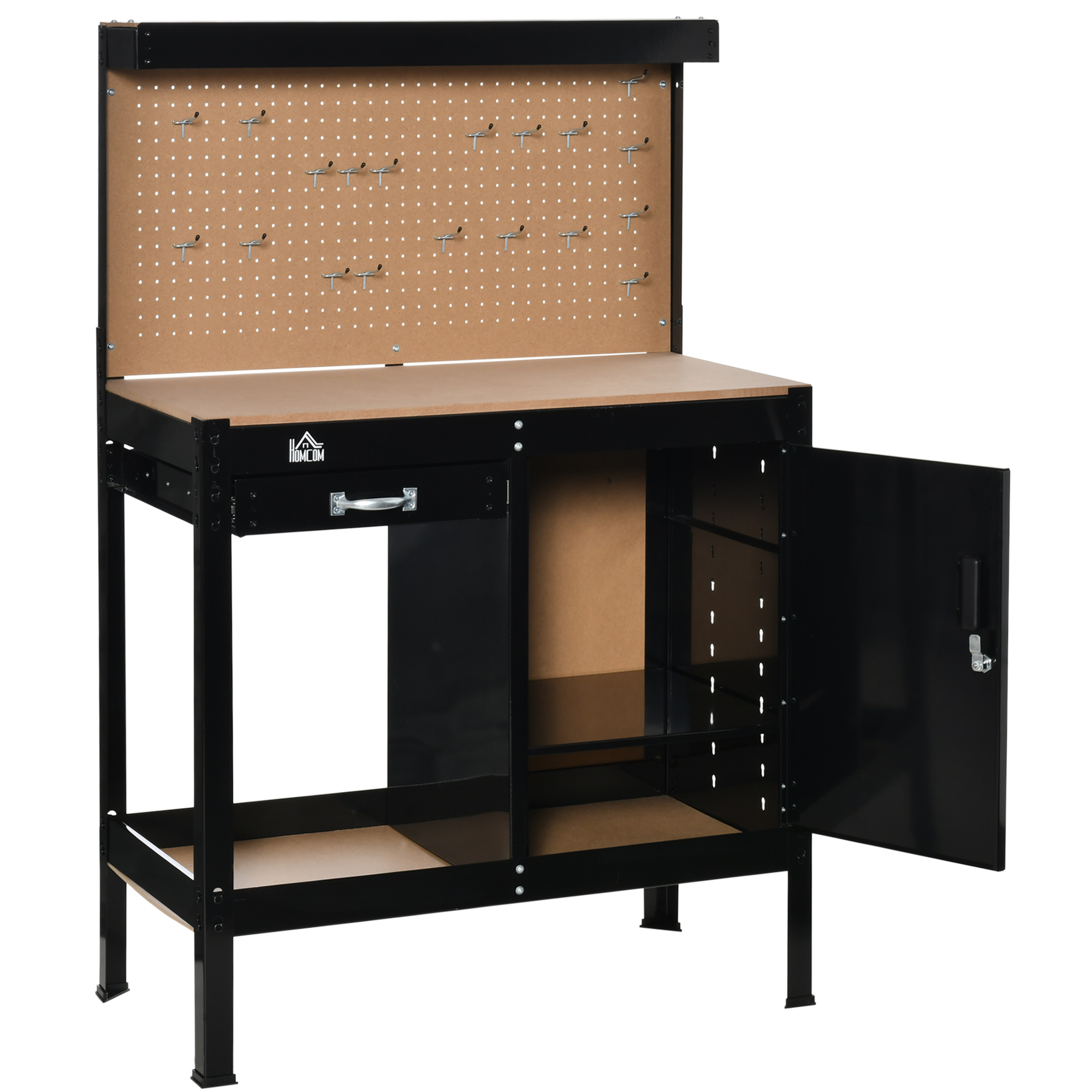 Banco de trabajo de metal negro con panel perforado, cajón y armario abierto. Herramientas en panel.
