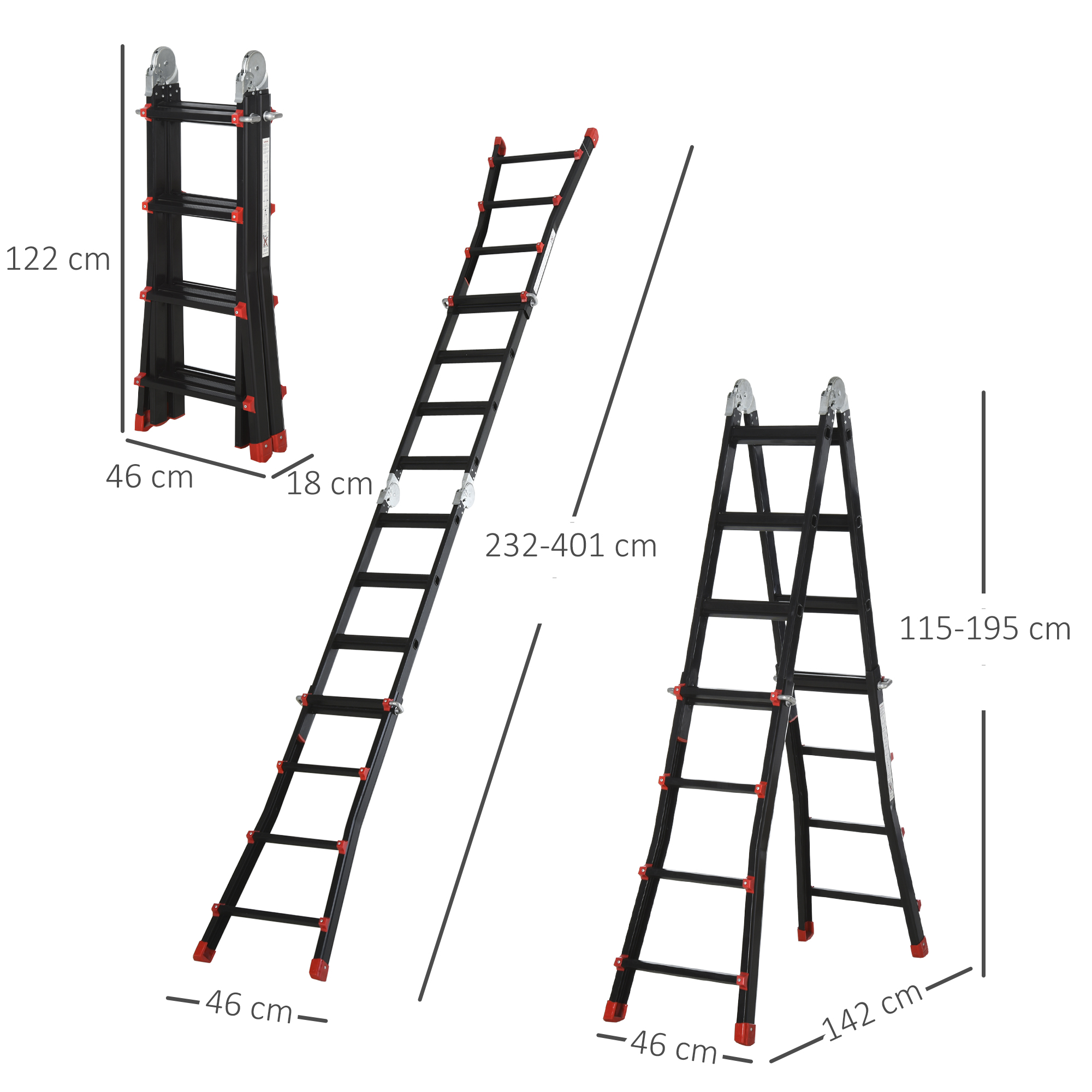 Escalera multiusos negra con detalles rojos en varias configuraciones.