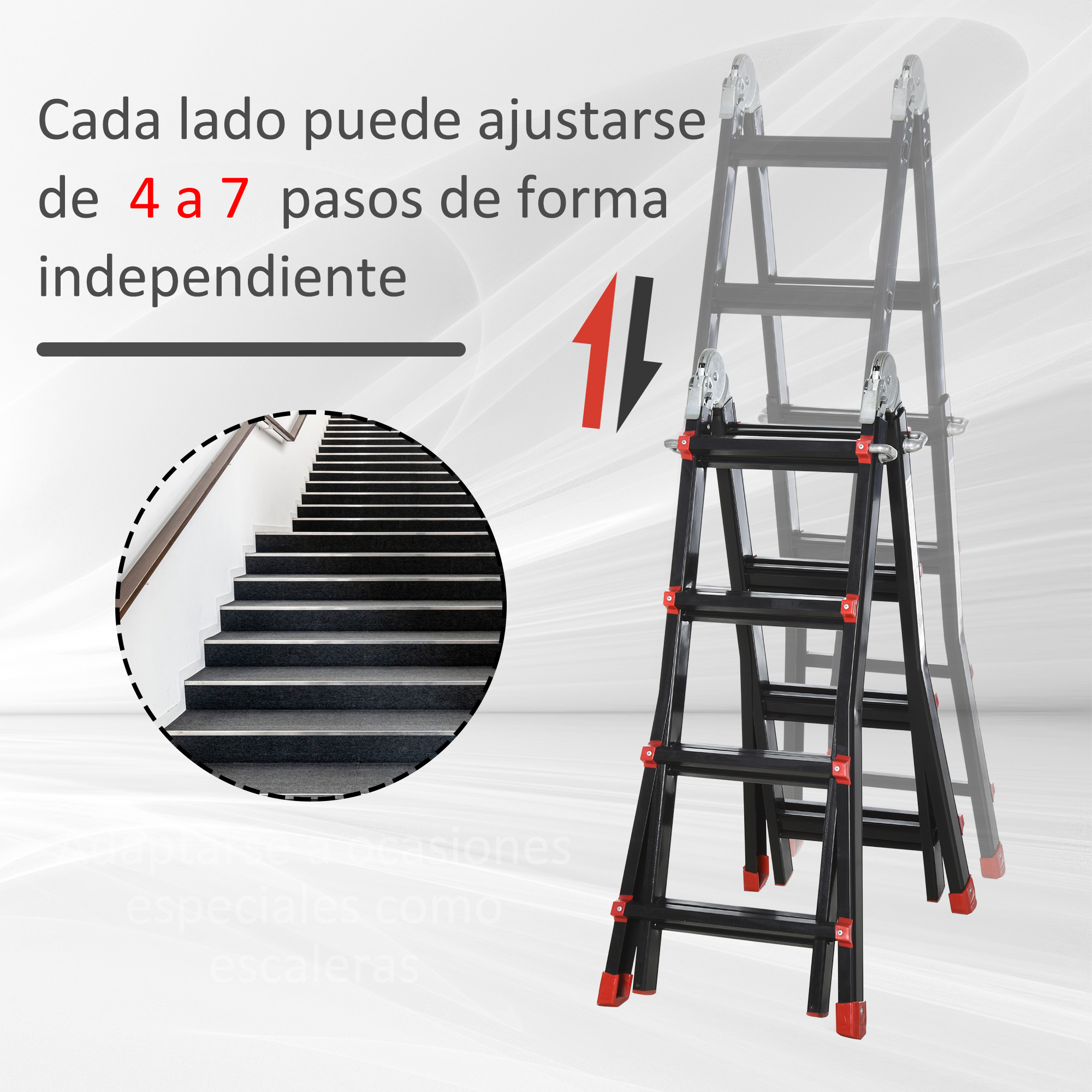 Una escalera negra ajustable con detalles rojos se muestra junto a una escalera.