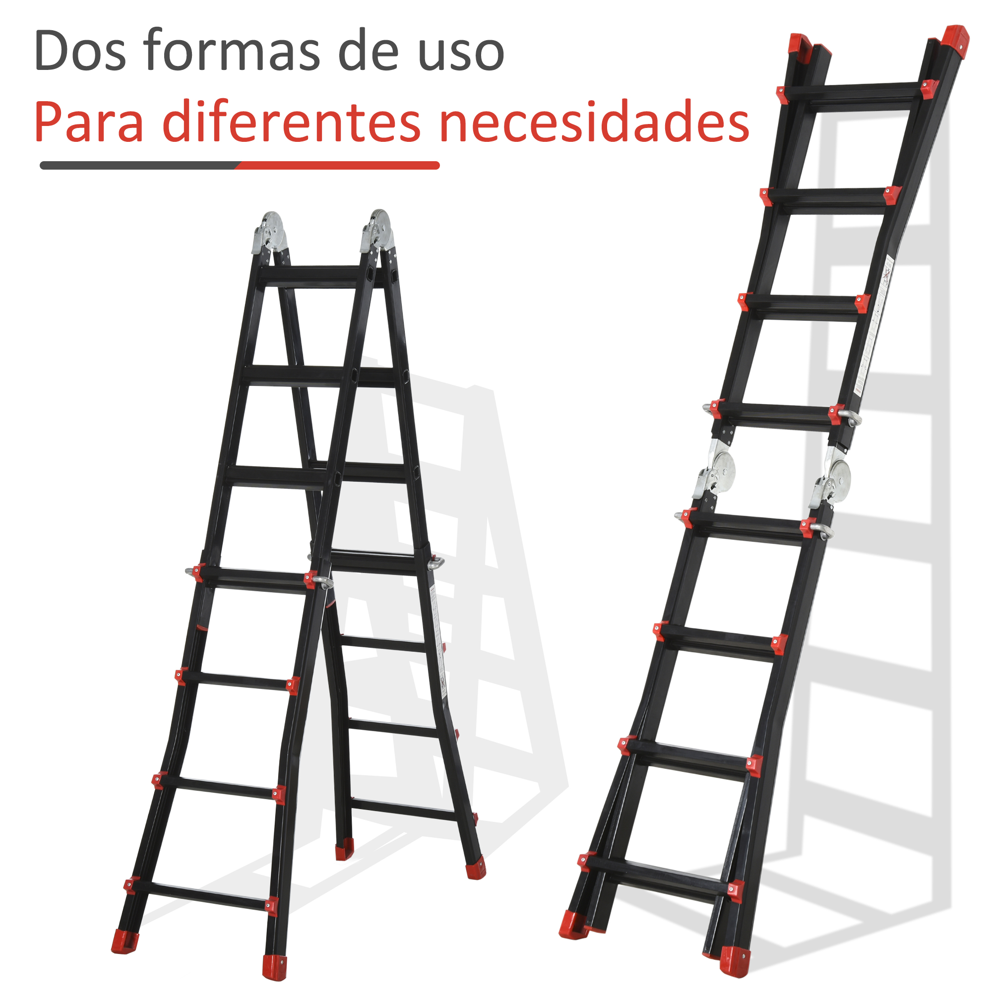 Dos escaleras negras con detalles rojos, una vertical y la otra desplegada.