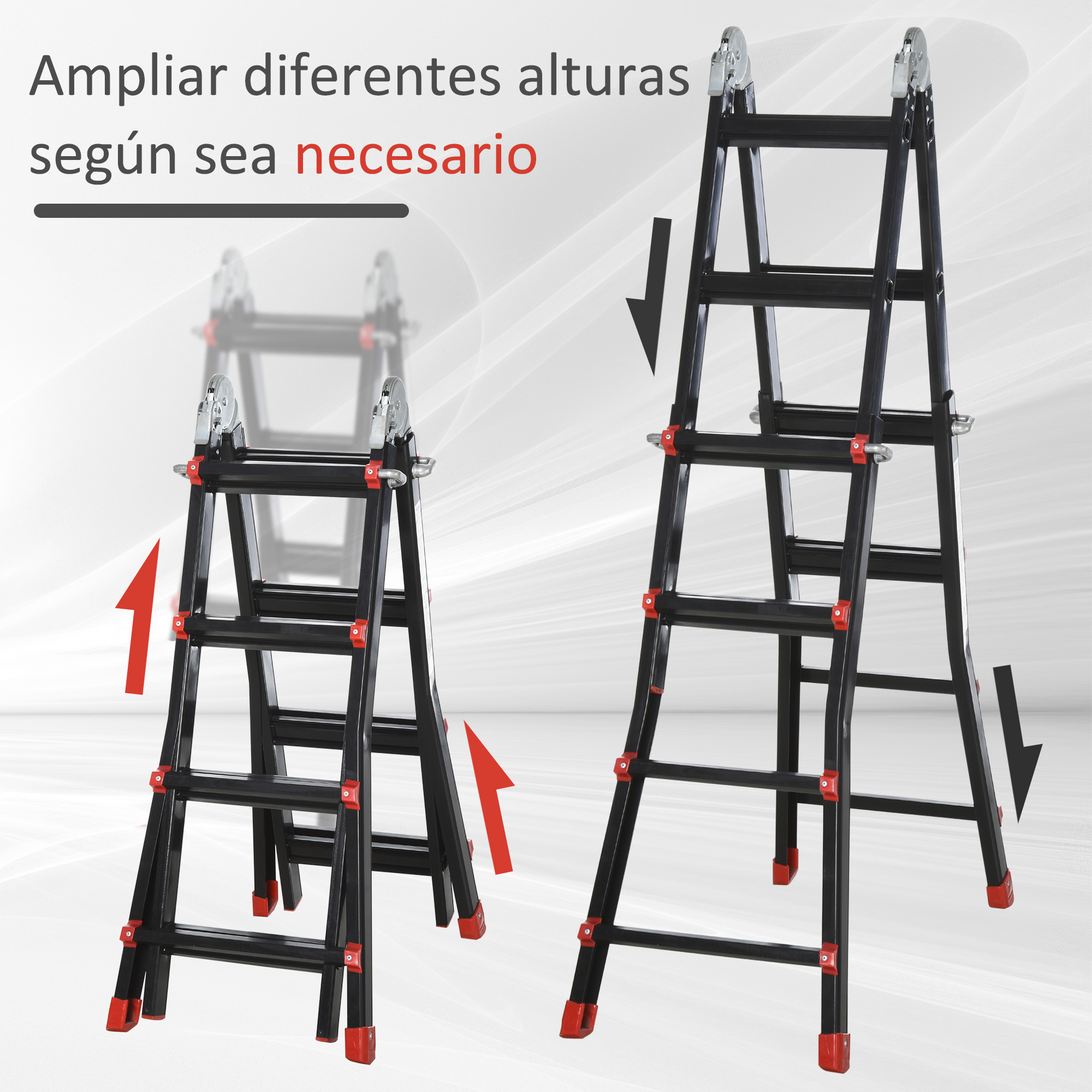 Escalera negra con detalles rojos que se ajusta a diferentes alturas. Flechas muestran ajuste.