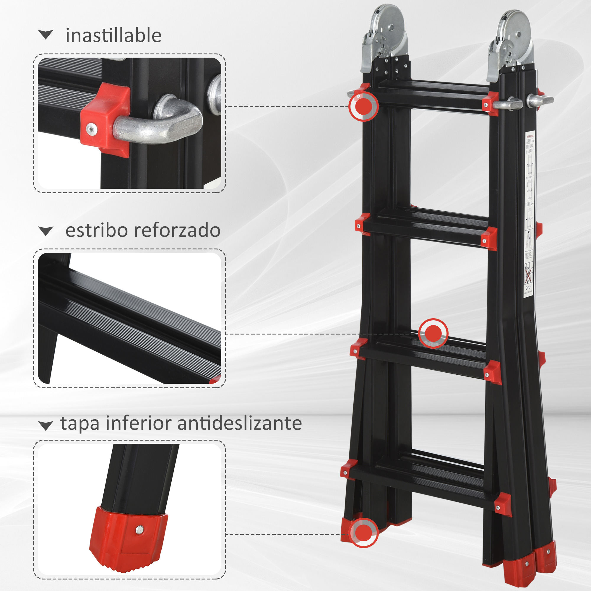 Escalera multiusos negra con detalles rojos y vistas cercanas.