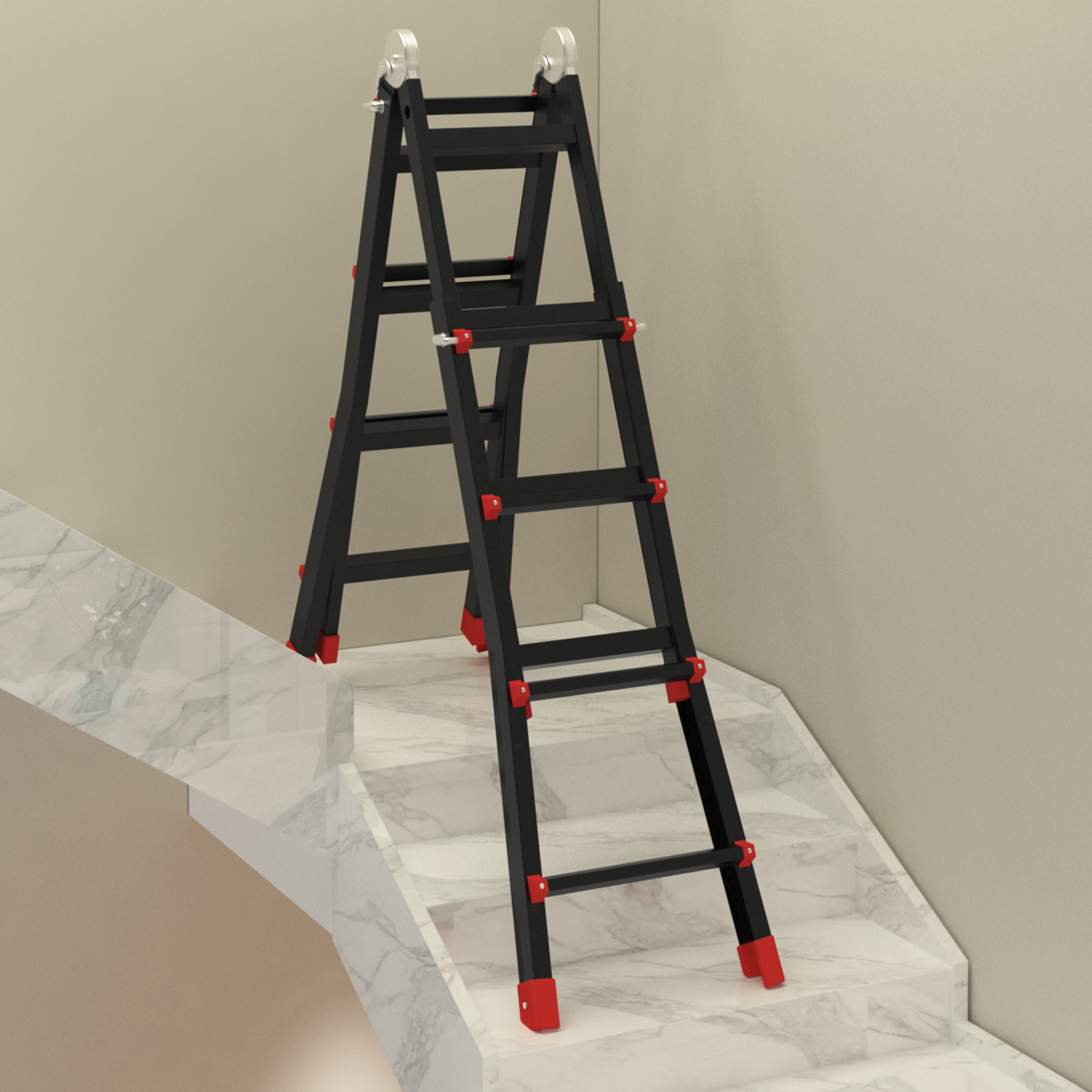 Una escalera plegable negra con detalles rojos está en escaleras de mármol.