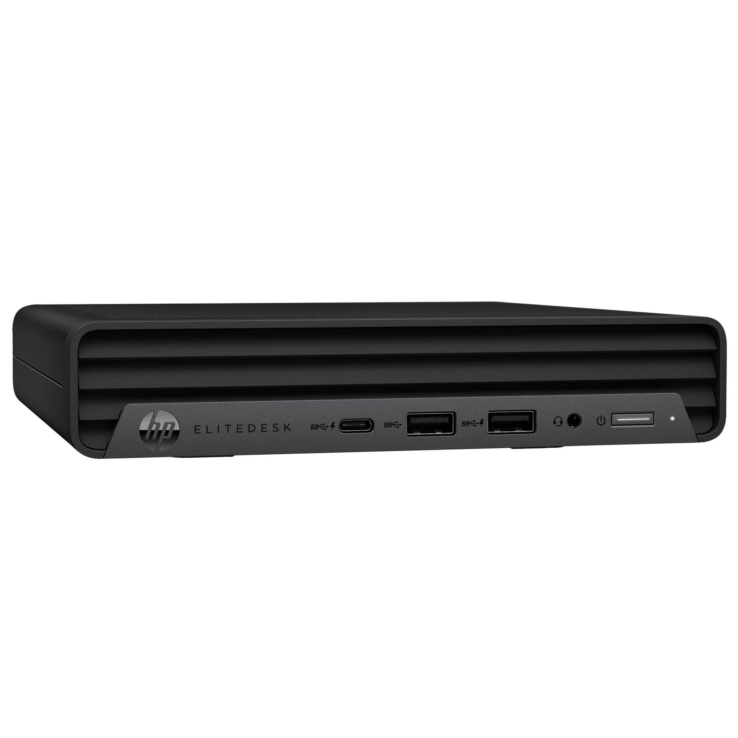 Mini PC HP Elitedesk nero con porte anteriori e logo HP.
