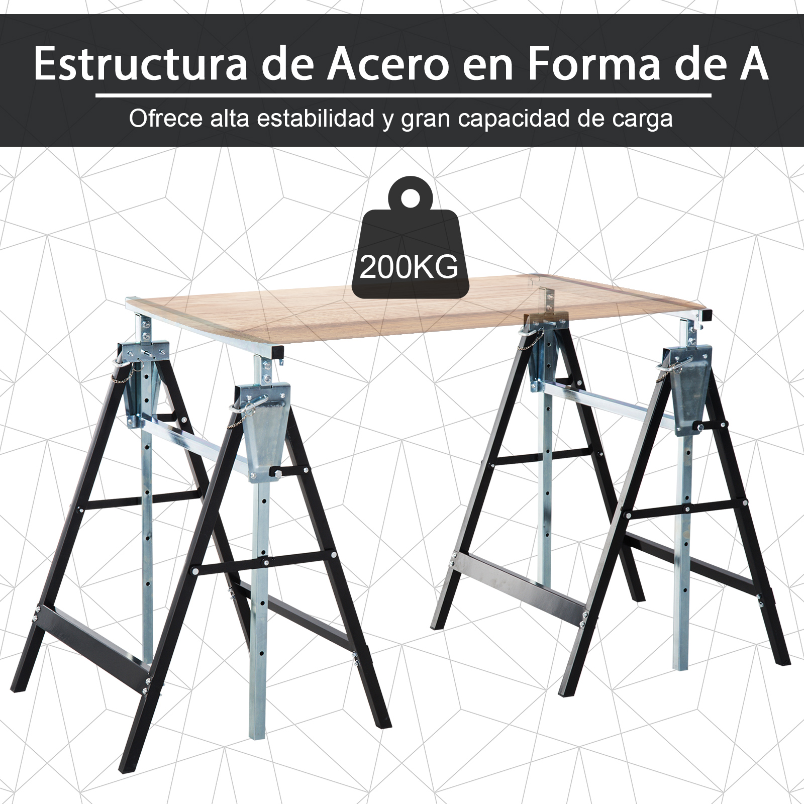 Estructura de acero en A con mesa de madera, capacidad 200kg.