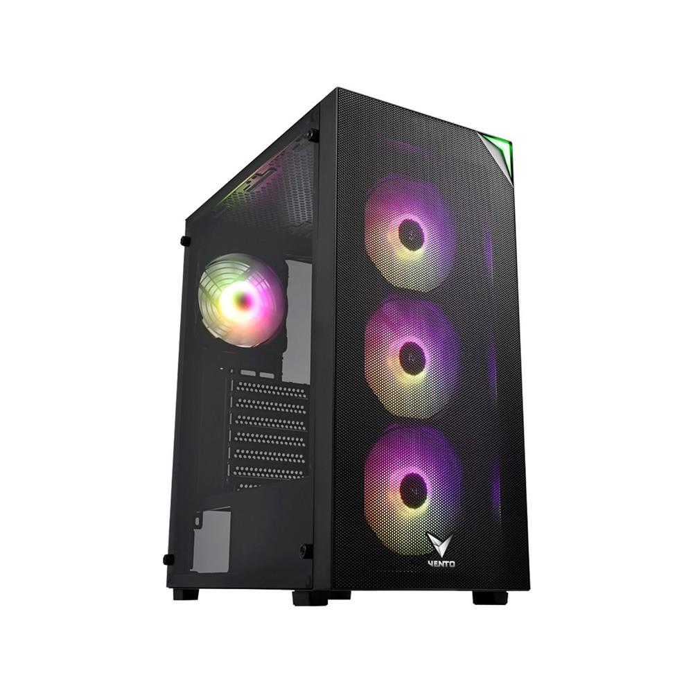 Üç aydınlatmalı fanı ve cam yan paneli olan siyah PC kasası.