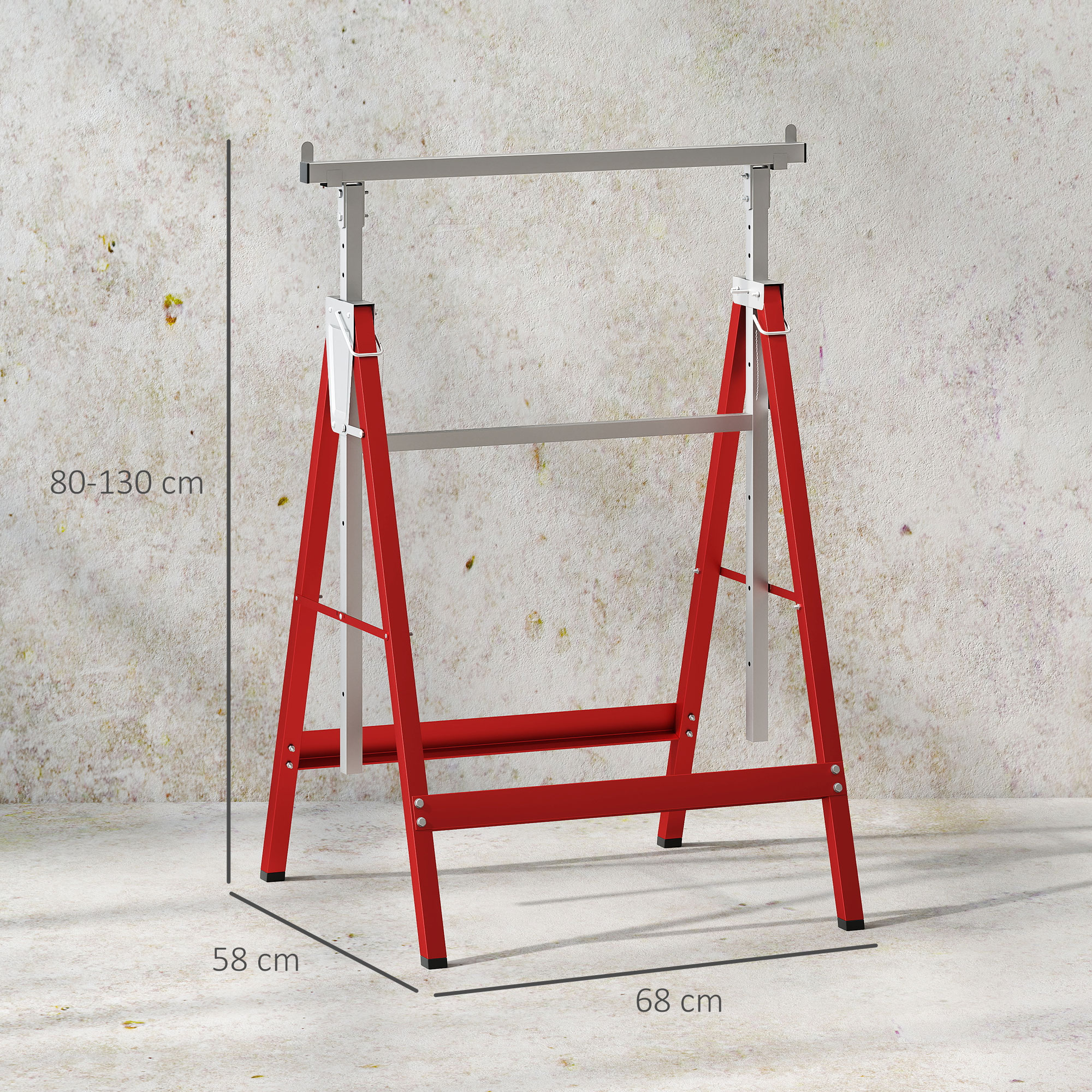 Un caballete rojo y plateado con dimensiones (58 cm, 68 cm, 80-130 cm).