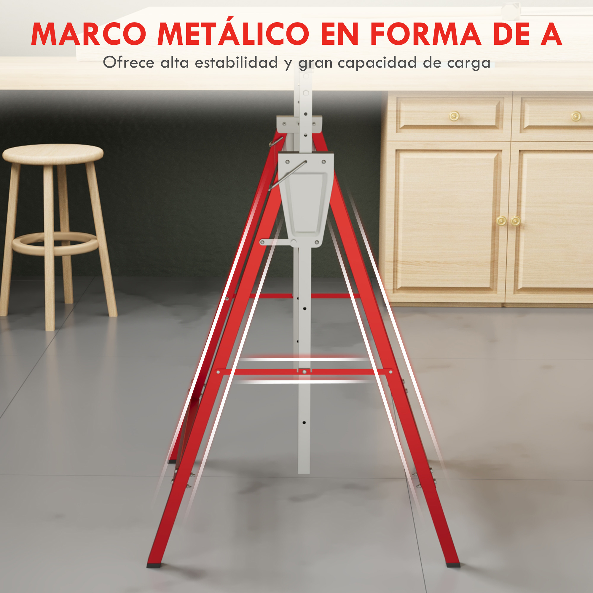 Soporte rojo en forma de A sobre suelo gris, con un taburete de madera.