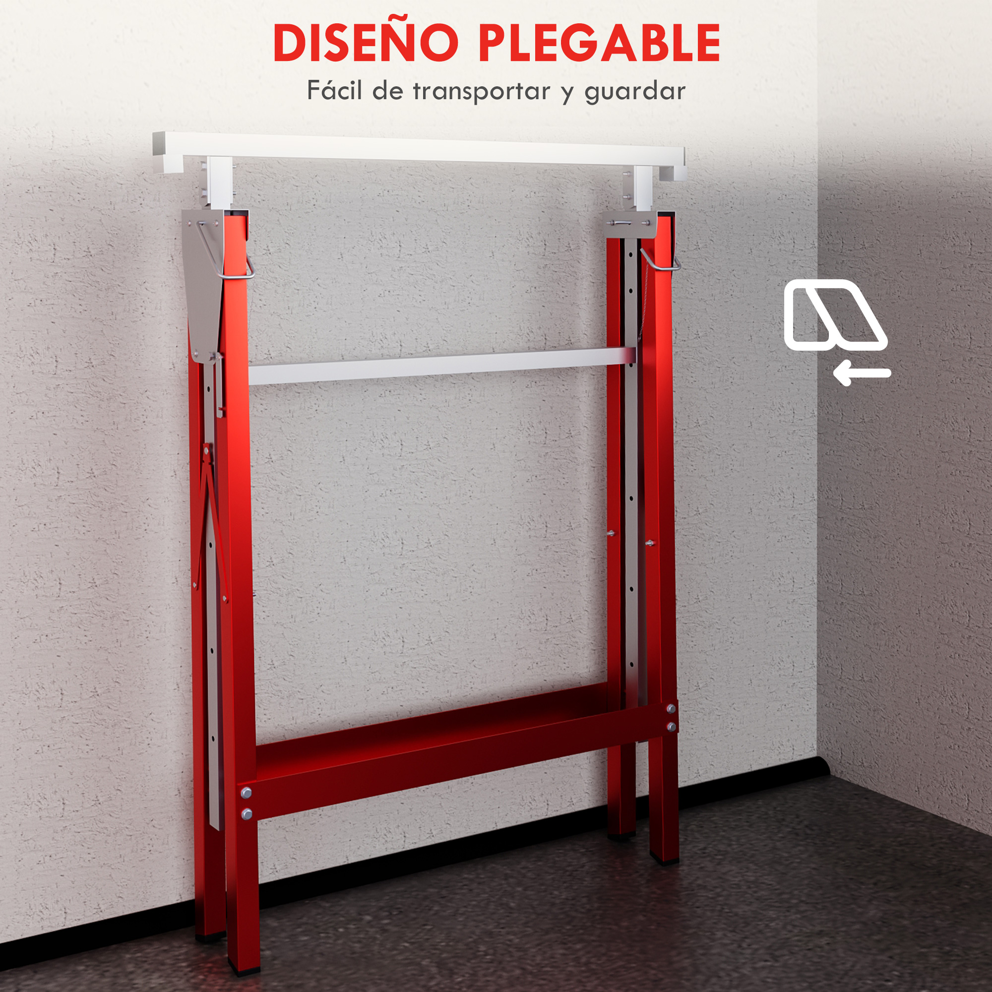 Soporte plegable rojo con estante blanco y pared texturizada al fondo.