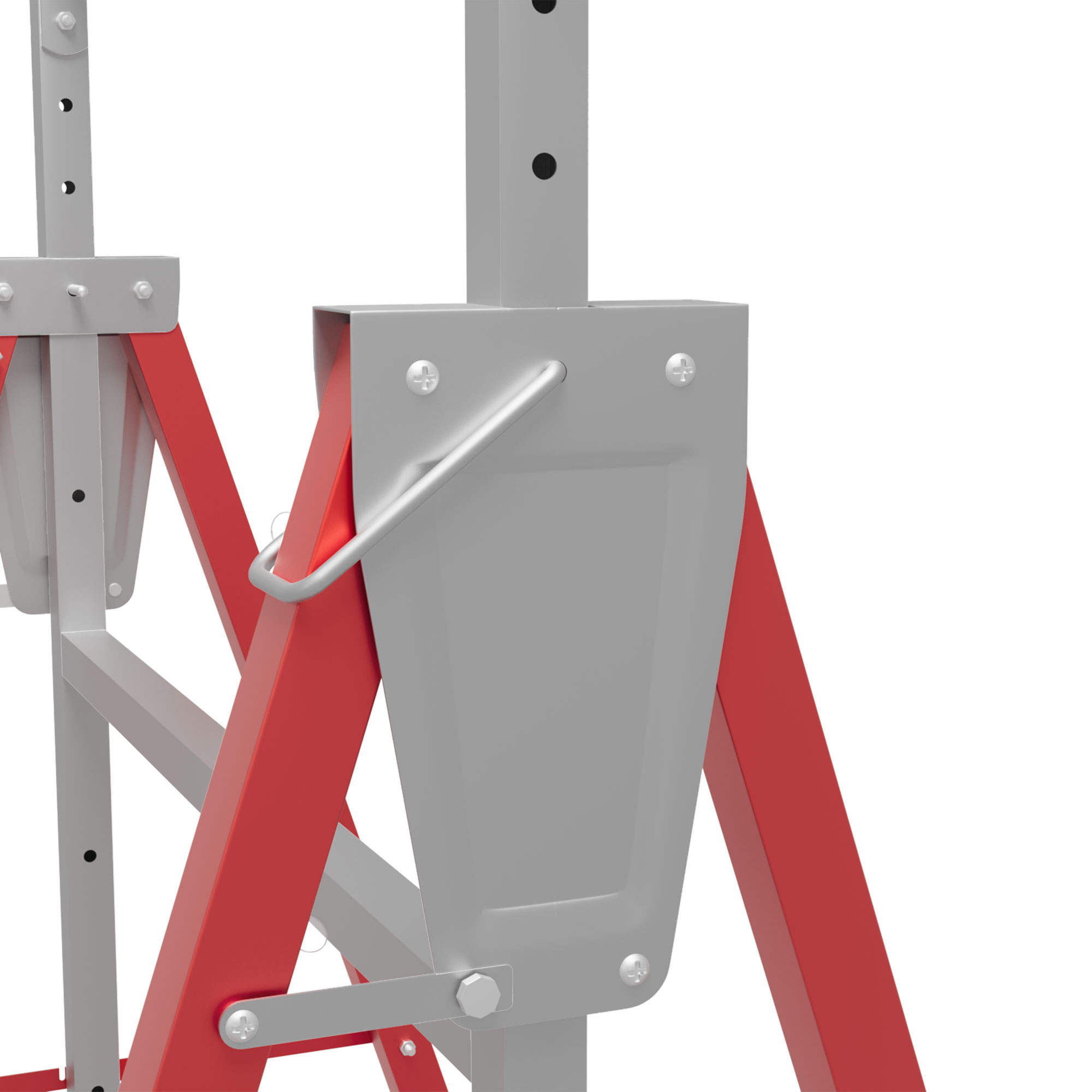 Primer plano de un soporte metálico plateado con estructuras de soporte rojas y plateadas.