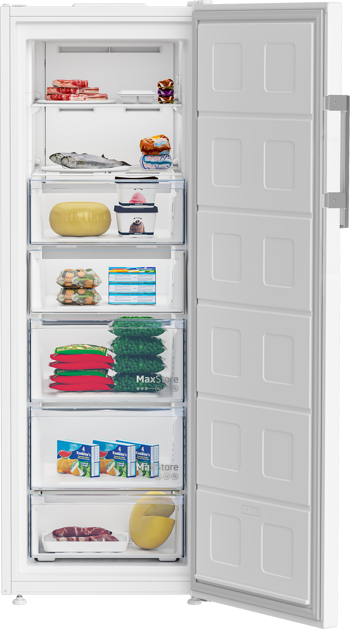 Ein offener Gefrierschrank mit Fleisch, Fisch, Eiscreme, Gemüse und mehr.