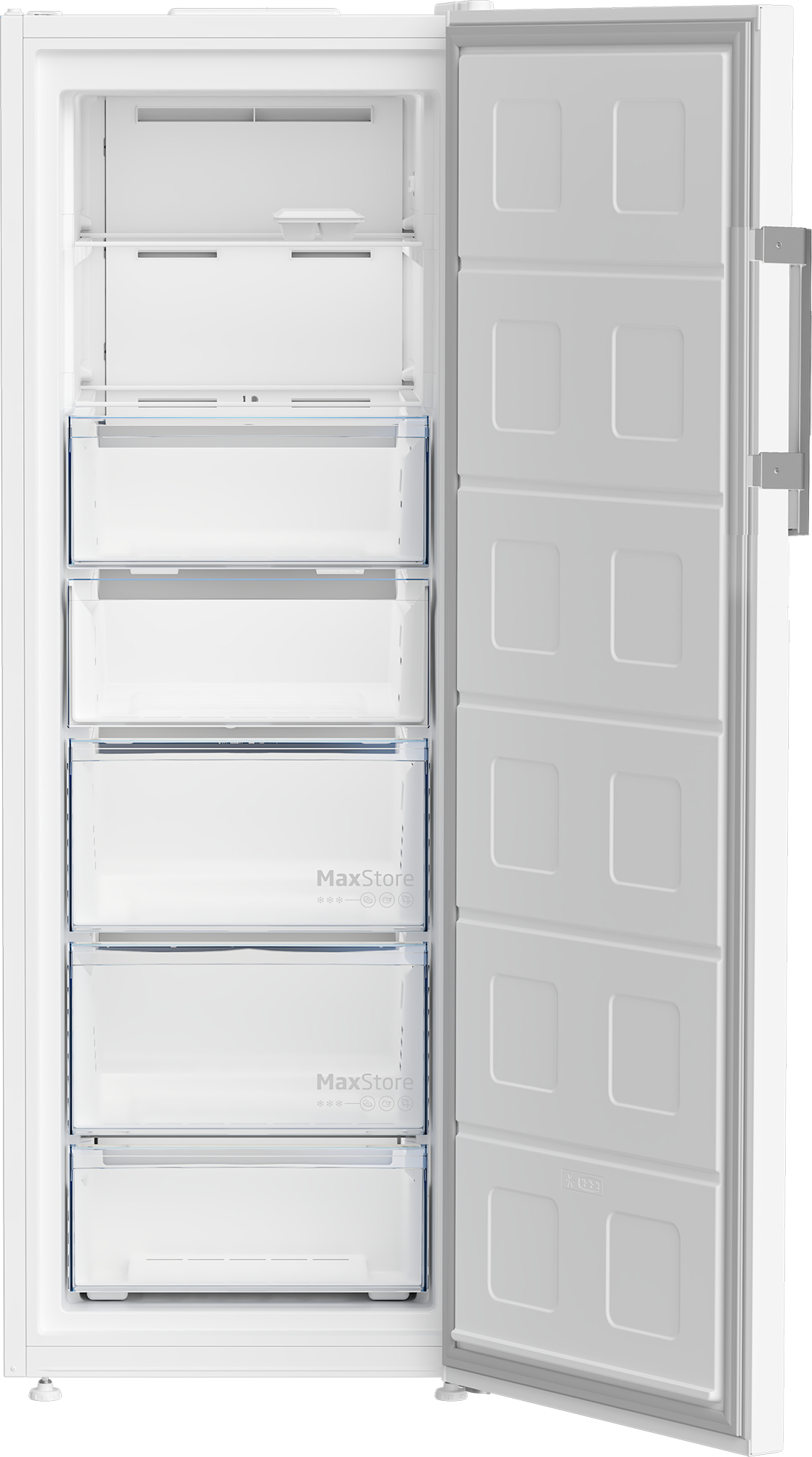 An open white refrigerator with multiple drawers and shelves.