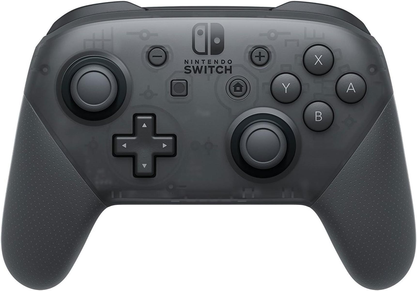 Grauer Nintendo Switch Pro Controller mit Joysticks, Tasten und Steuerkreuz.