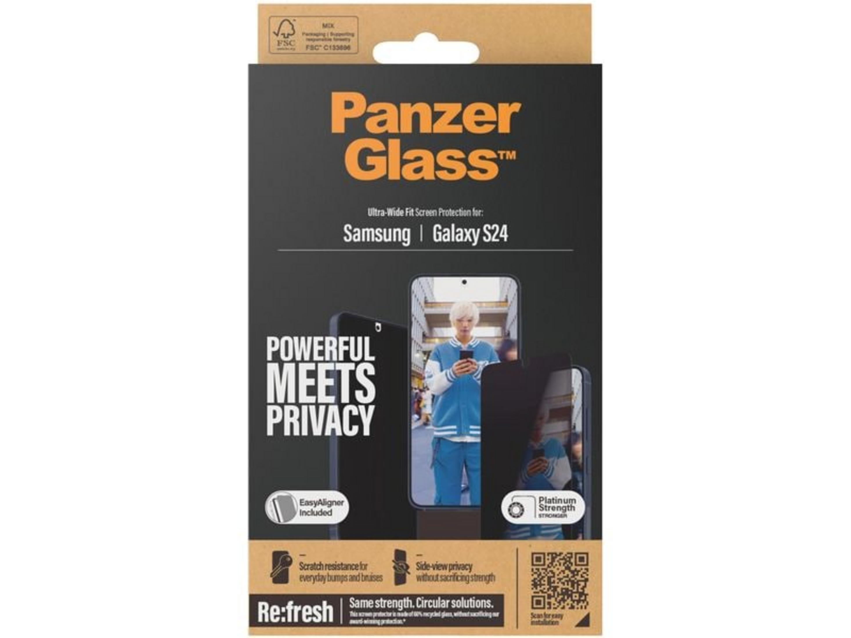 Emballage de protection d'écran PanzerGlass pour Samsung Galaxy S24 avec images.