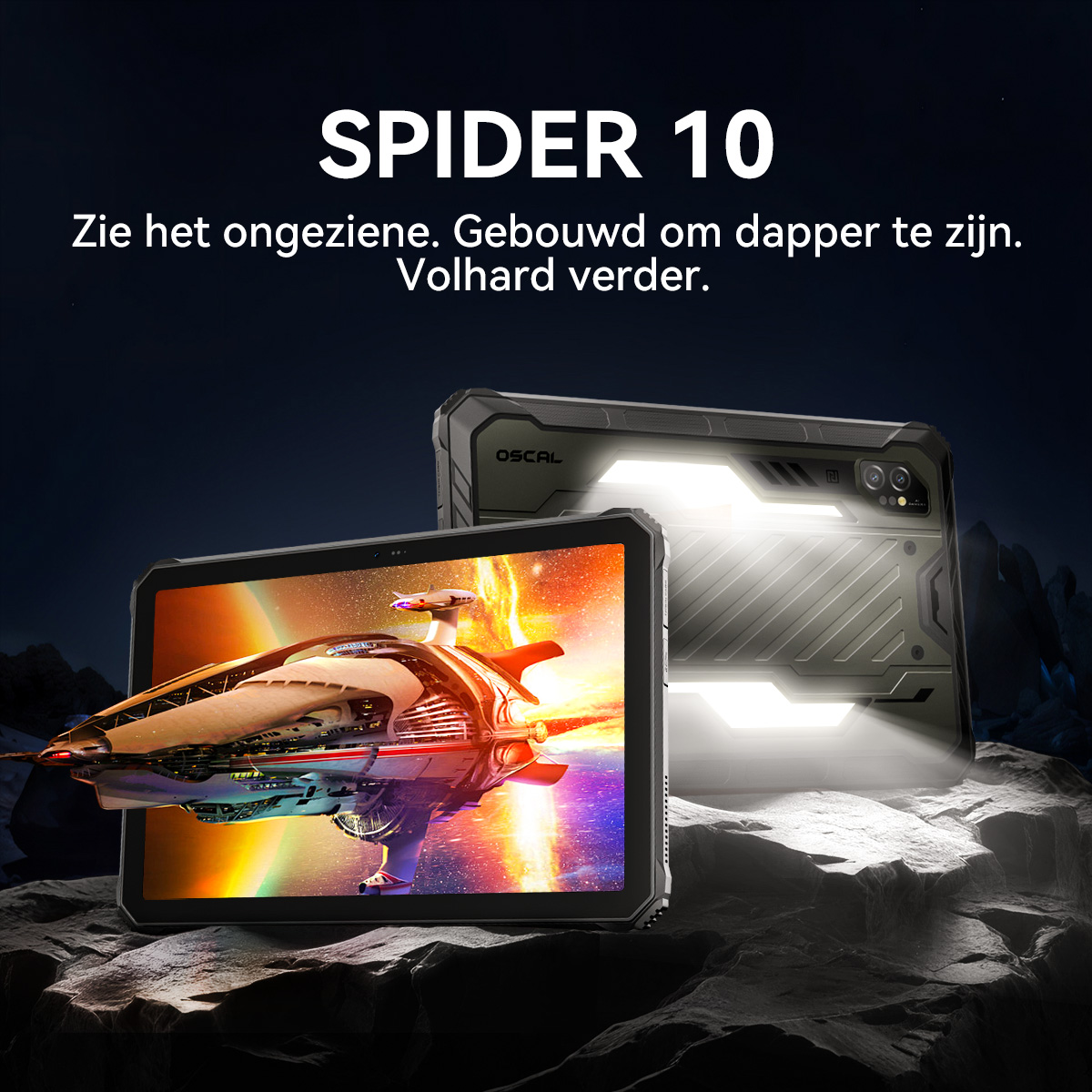 Een tablet met ruimteschip-scherm en robuuste telefoon met lampen.