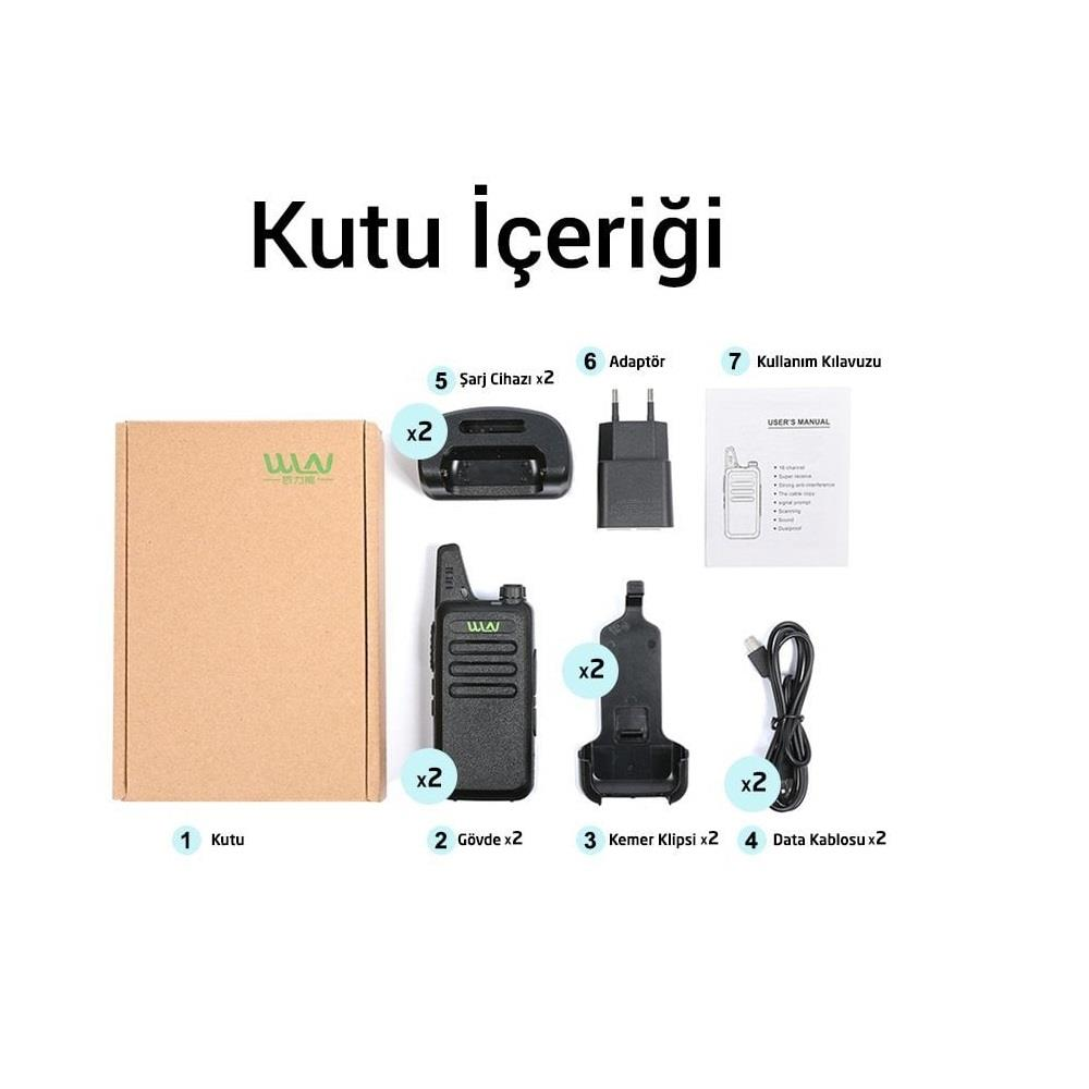 Kutu içeriği: 2 telsiz, 2 şarj cihazı, 2 adaptör, 2 kemer klipsi, 2 kablo, 1 kılavuz.