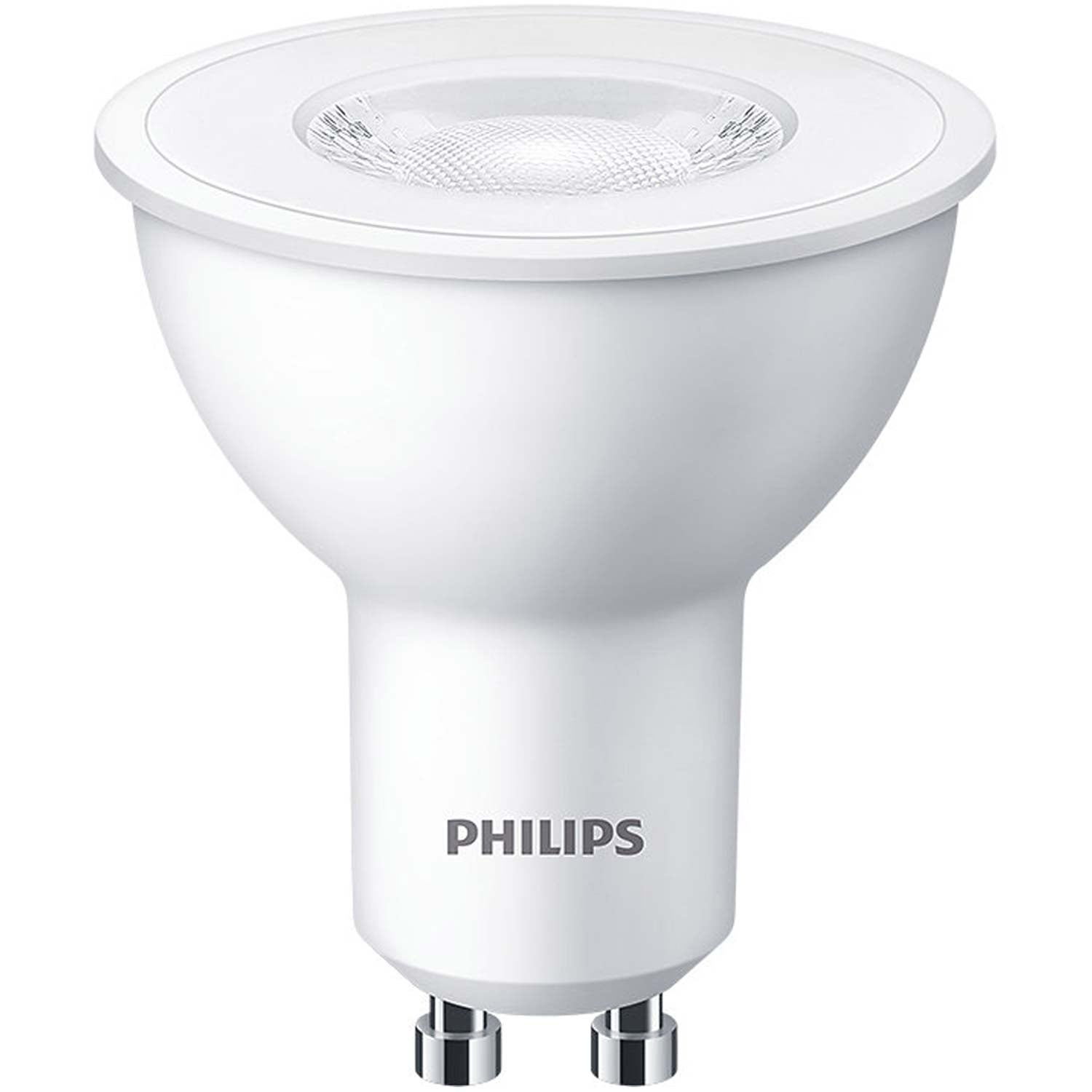 Una lampadina LED Philips bianca con base GU10, su sfondo bianco.