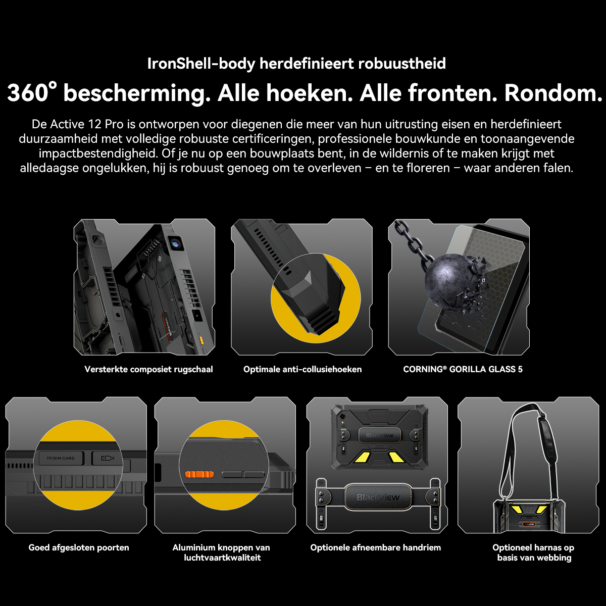 Robuuste telefoon met 360° bescherming: rugschild, hoeken, Gorilla Glass.