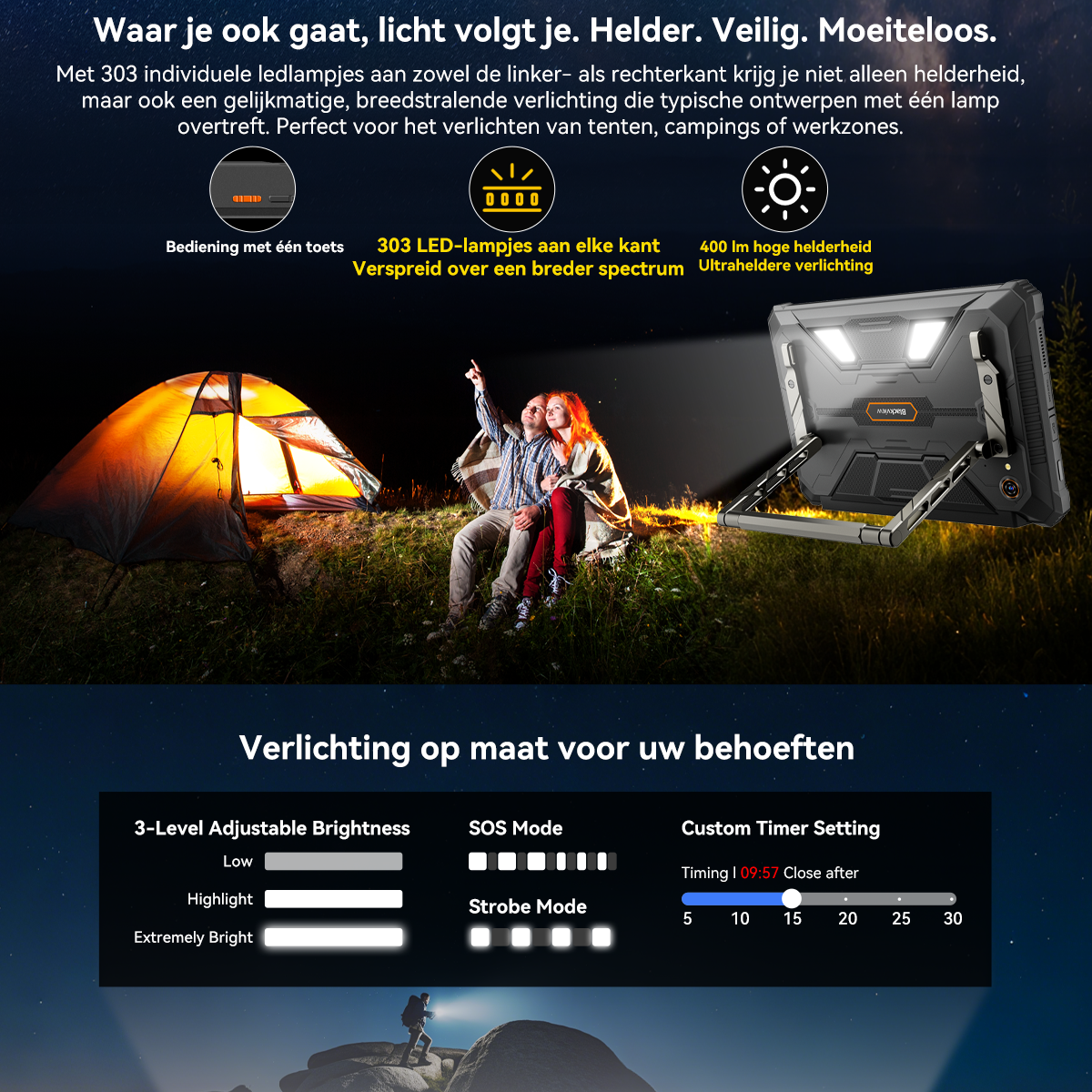 Een stel zit voor een verlichte tent terwijl een felle lamp de nacht verlicht.