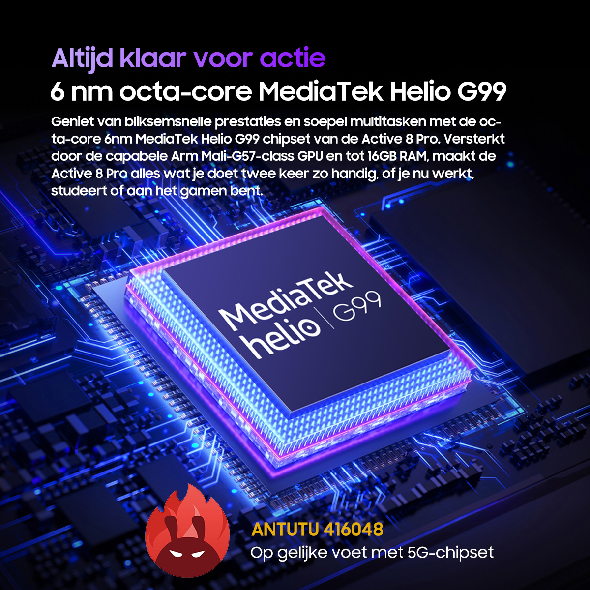 Een gloeiende processor met MediaTek Helio G99 tekst op een printplaat.
